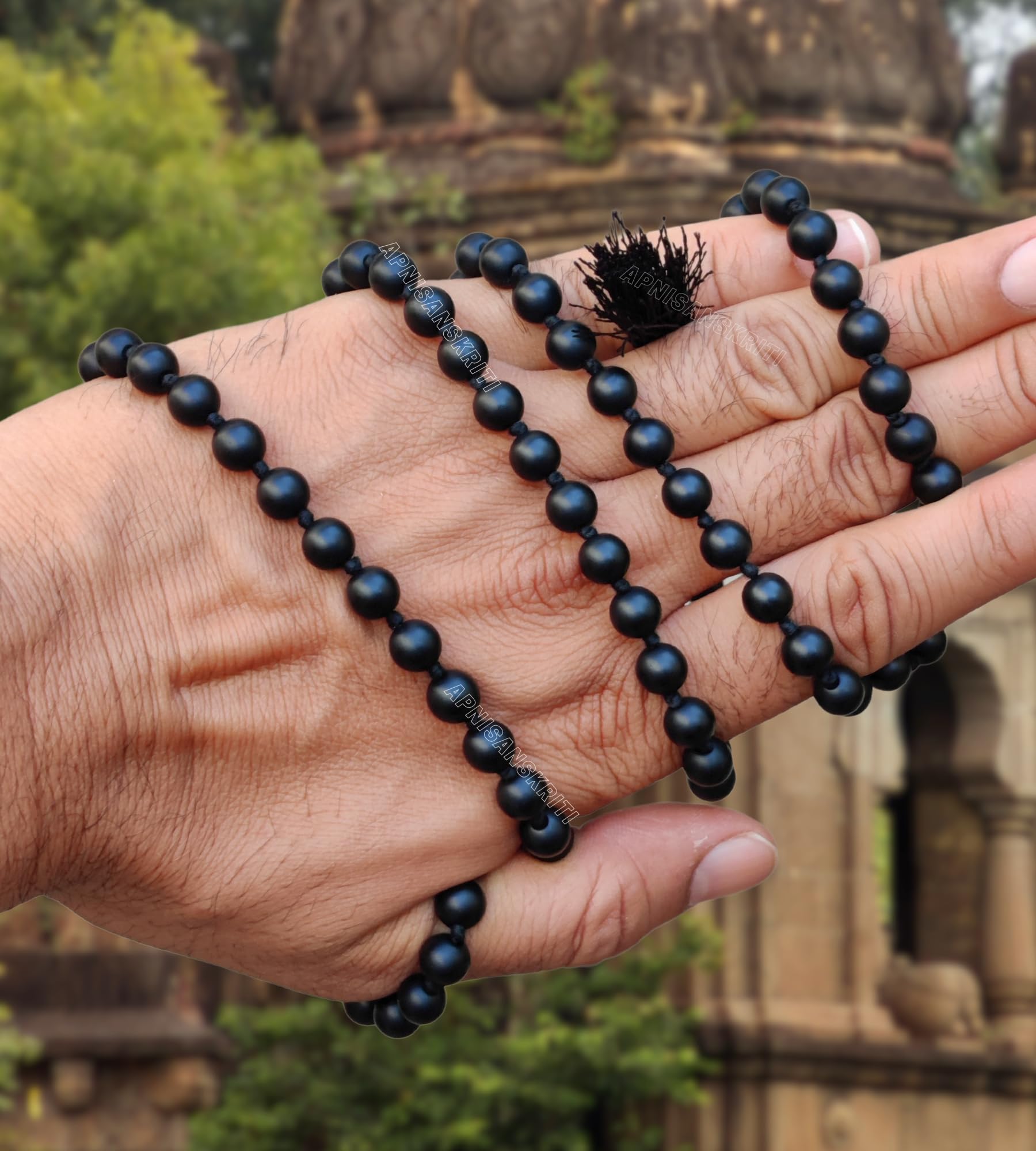 Apnisanskriti 8mm Black Onyx Matte Finish Mala - Strength and Serenity in Spiritual Practice (Pack of 1)