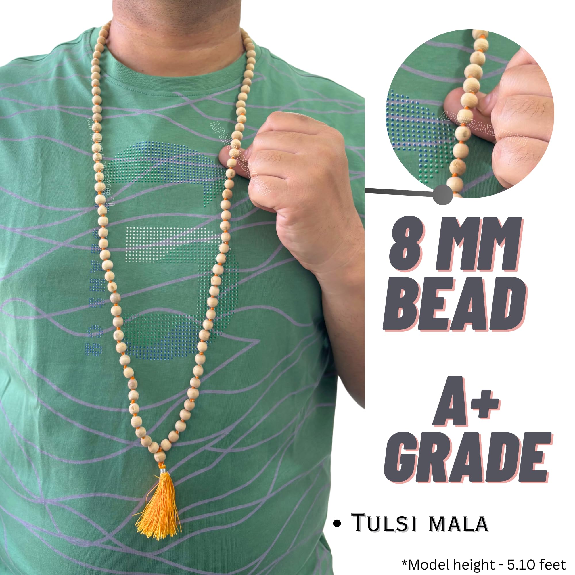 Apnisanskriti Tulsi Mala (AAA Quality, 8mm, 108 beads) for Jaap - Off White color - Natural Tulsi Beads- Pack of 1