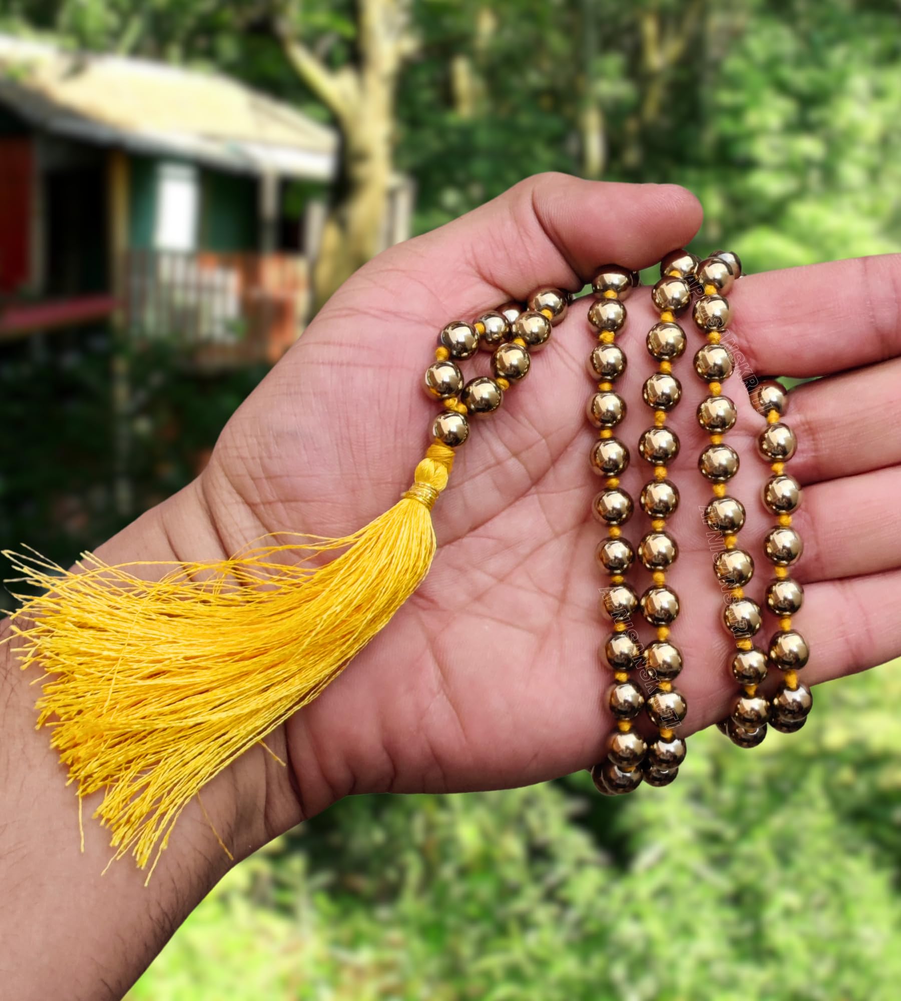 Apnisanskriti 8mm Golden Pyrite Mala - Energizing Beads for Prosperity and Spiritual Clarity (Pack of 1)
