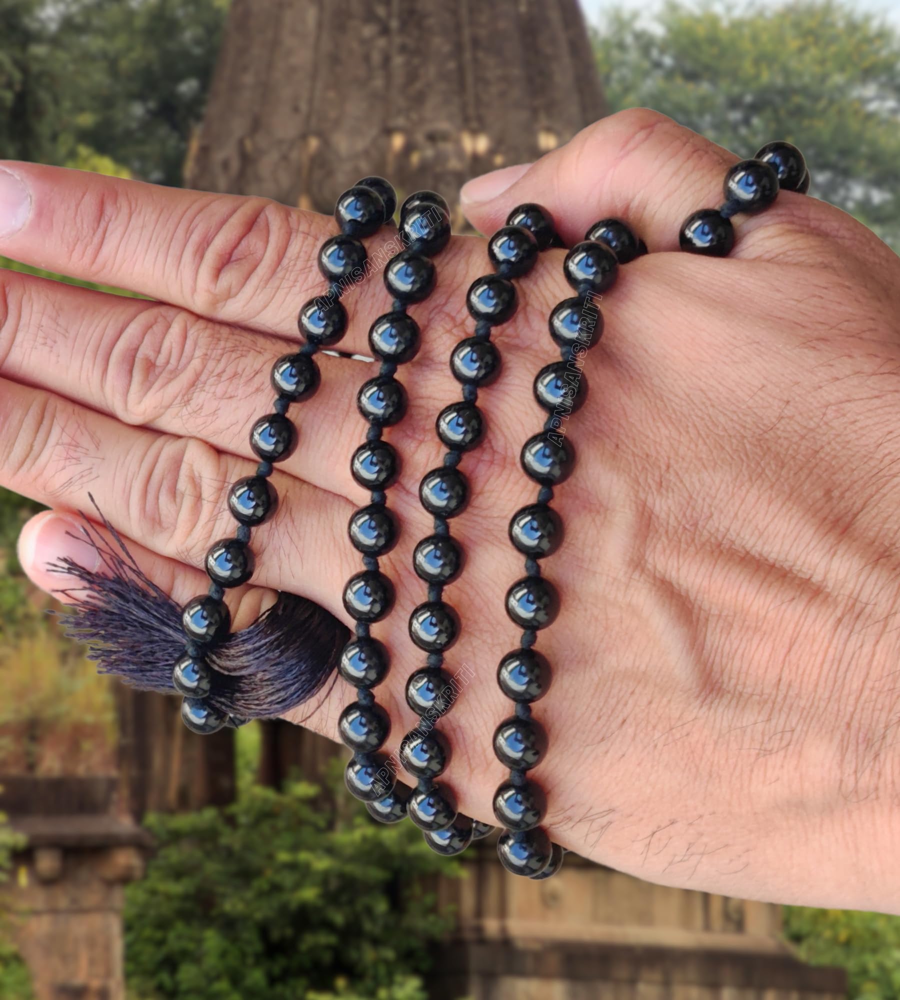 Apnisanskriti 8mm Black Tourmaline Mala - Protective Beads for Grounding and Energy Shielding (Pack of 1)