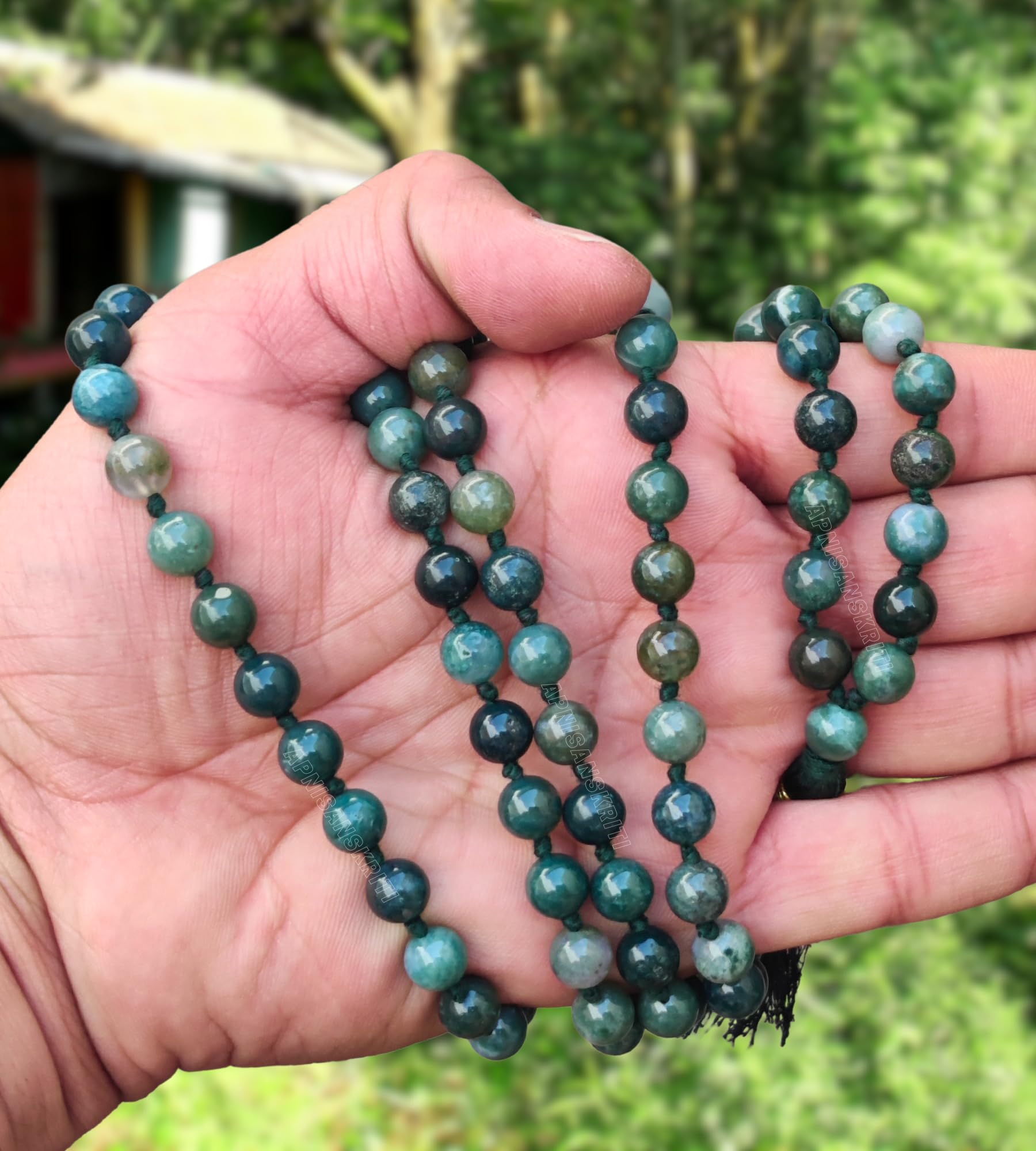 Apnisanskriti 8mm Moss Agate Mala - Growth and Renewal in Spiritual Connection (Pack of 1)