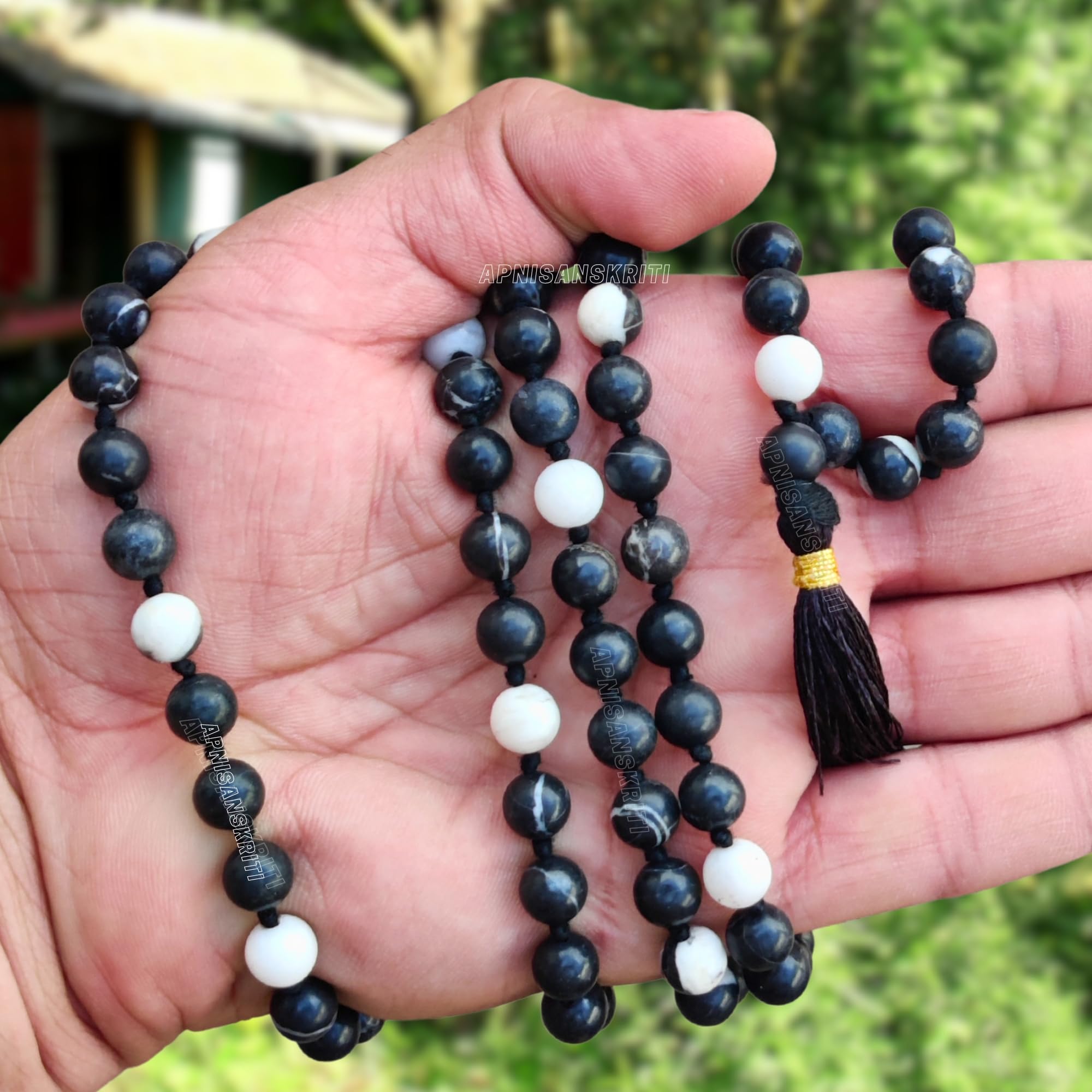 Apnisanskriti 8mm Zebra Jasper Mala - Harmonizing Beads for Balance and Spiritual Clarity (Pack of 1)