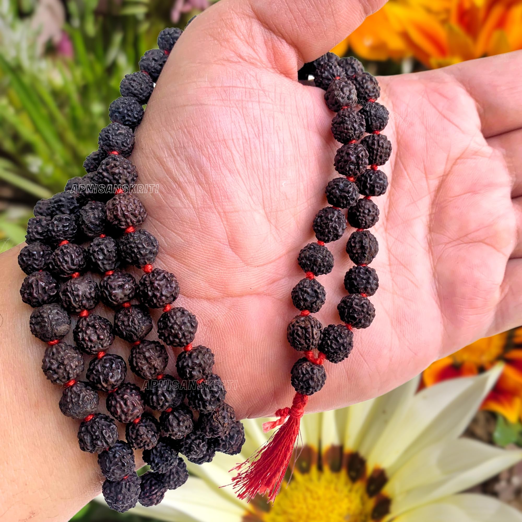 Apnisanskriti 5 Mukhi Black Rudraksha Mala (108+1 Beads, Lab Certified) Natural Black Rudraksha Beads