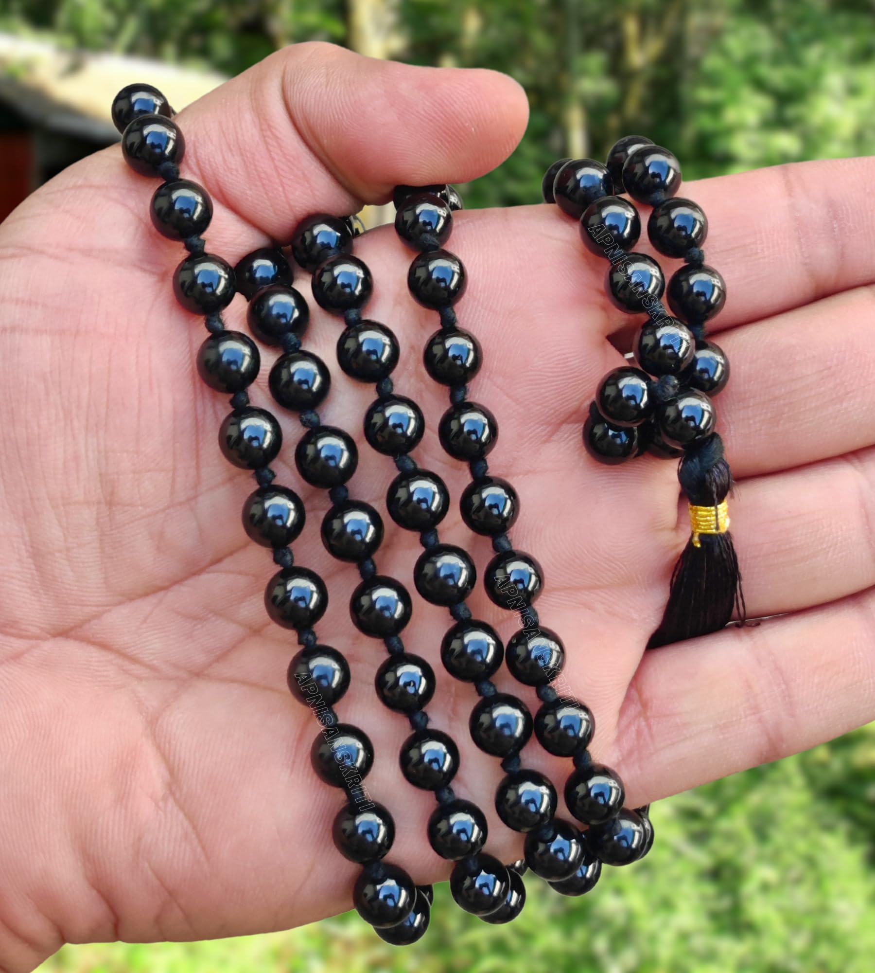 Apnisanskriti 8mm Black Tourmaline Mala - Protective Beads for Grounding and Energy Shielding (Pack of 1)