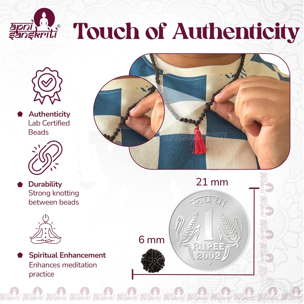 Apnisanskriti Black Rudraksha Mala (6 mm, Chest length, 108+1 Beads, Lab Certified) - Natural Black Rudraksha Beads - Pack of 1