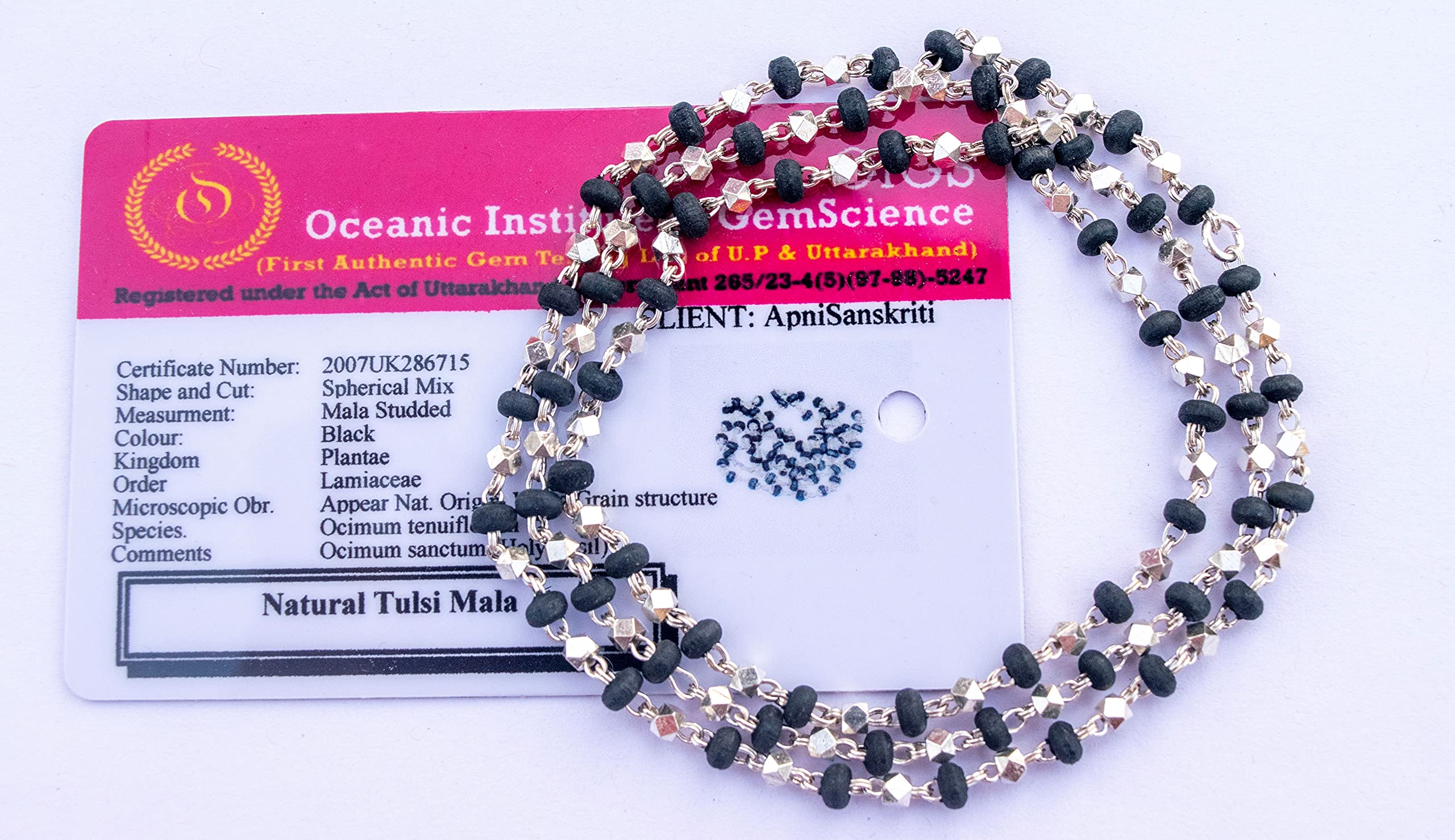 Apnisanskriti Black & White Tulsi Mala in Silver Designer Caps - Special Edition Big Size - Natural White Tulsi Beads - Pure Silver