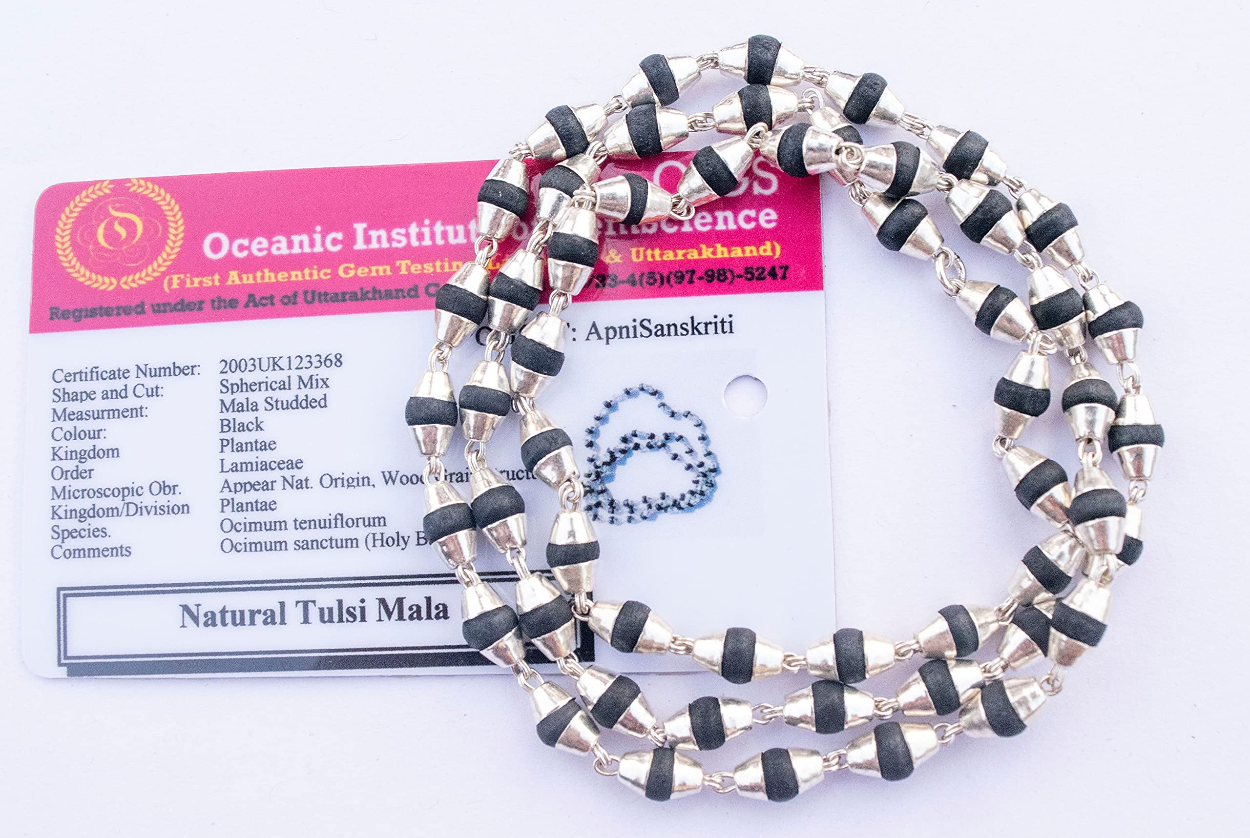 Apnisanskriti Black & White Tulsi Mala in Silver Designer Caps - Special Edition Big Size - Natural White Tulsi Beads - Pure Silver