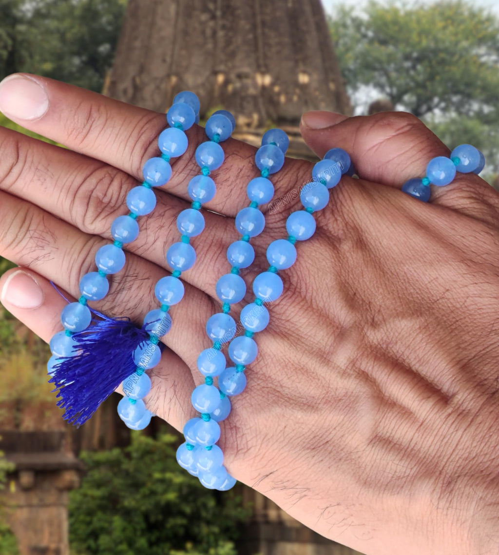 Apnisanskriti 8mm Blue Chalcedony Mala - Serenity and Communication in Spiritual Practice (Pack of 1)
