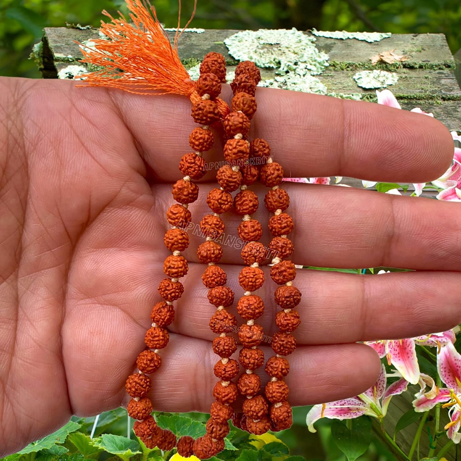 Apnisanskriti 5 Mukhi Rudraksha Mala for Men/Women Wearing (108+1, Lab Certified, Natural Brown Rudraksha Beads)