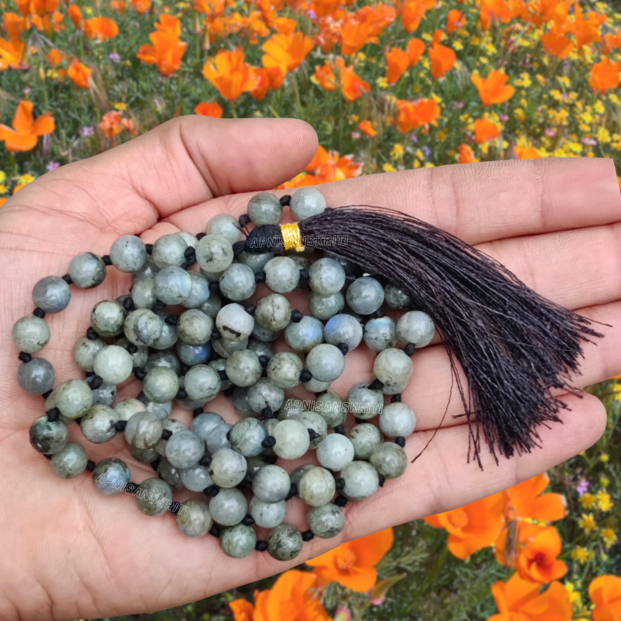 Apnisanskriti Premium 8mm Labradorite Mala - Mystical Beads for Spiritual Awakening and Protection (Pack of 1)