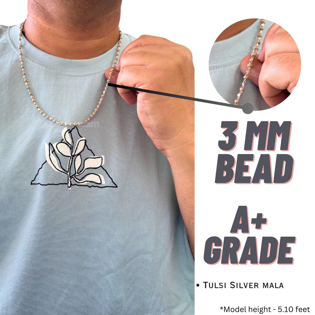 Apnisanskriti Black & White Tulsi Mala in Silver Designer Caps - Special Edition Big Size - Natural White Tulsi Beads - Pure Silver