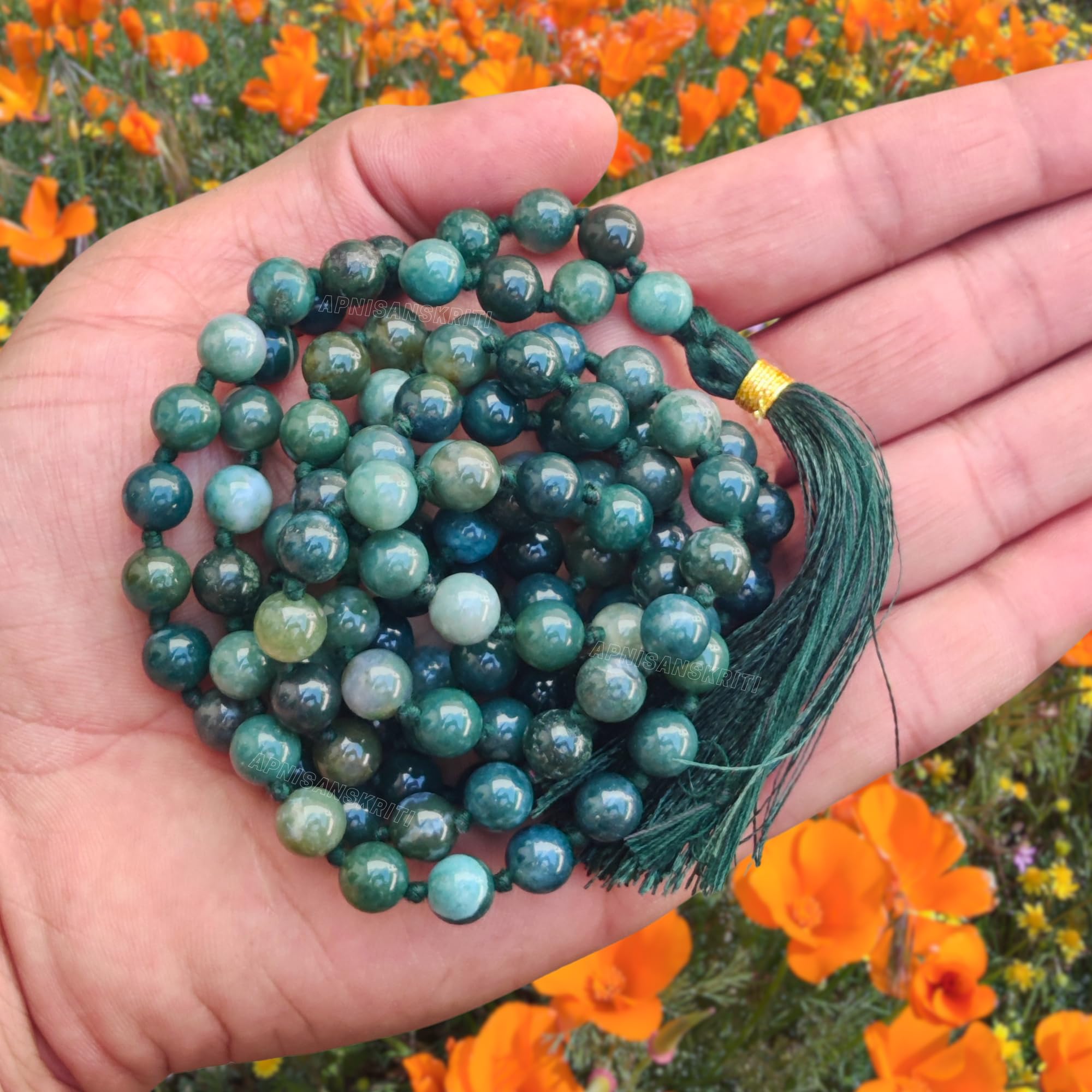 Apnisanskriti 8mm Moss Agate Mala - Growth and Renewal in Spiritual Connection (Pack of 1)
