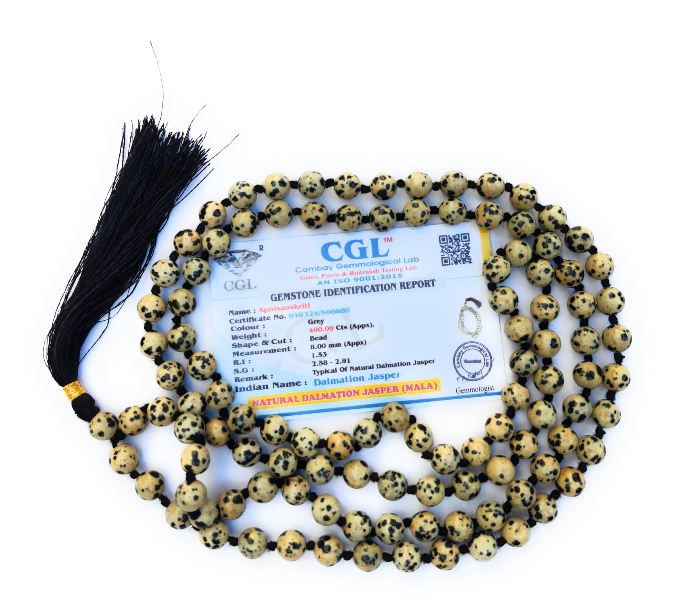 Apnisanskriti 8mm Dalmatian Jasper Mala - Grounding Beads for Joy and Spiritual Harmony (Pack of 1)