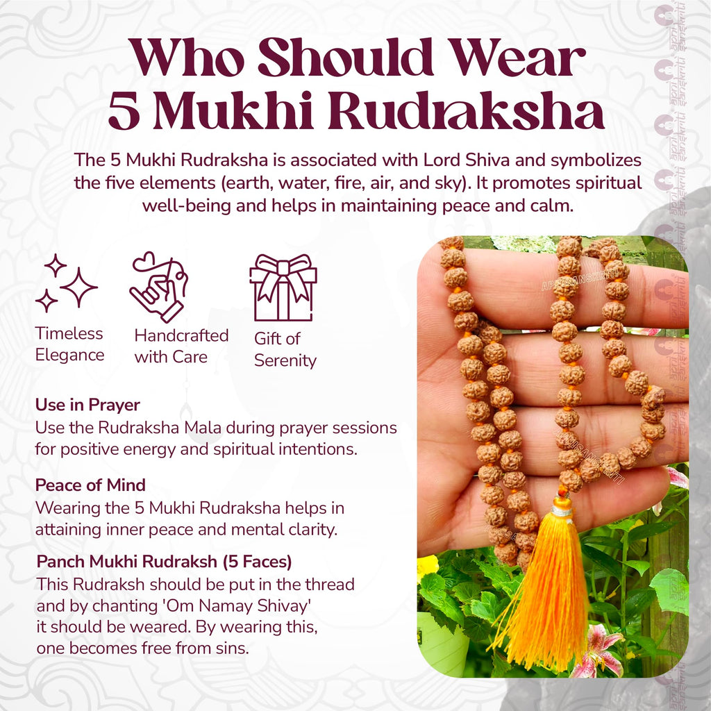 Apnisanskriti 5 Mukhi Chikni Pathri Rudraksha Mala For Jaap and Men/Women Wearing (12Mm, Lab Certified, Big Bead Size, 108+1) - A+ Grade - Pack Of 1