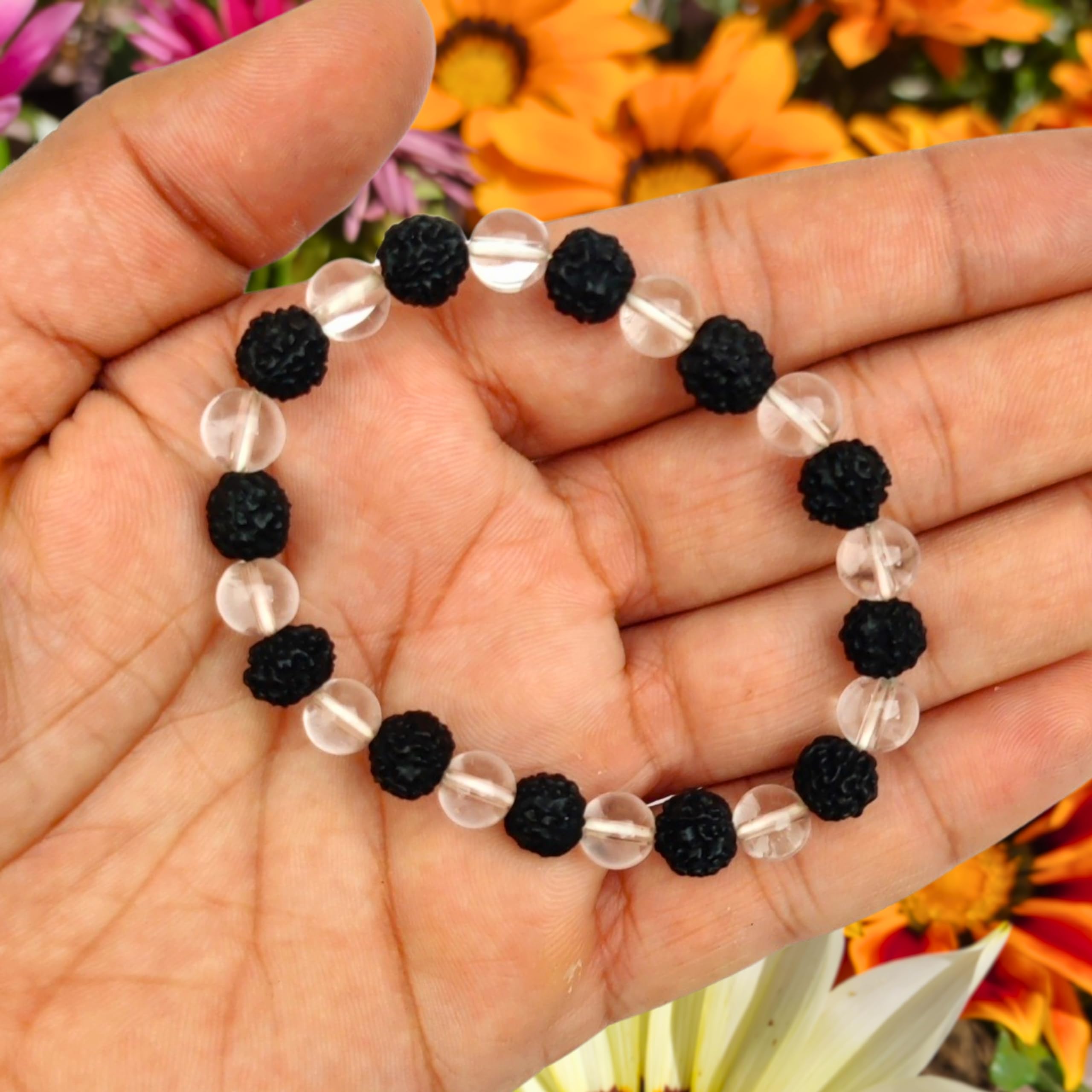 Apnisanskriti Premium Black Rudrakasha and Sphatik Stone Bracelet for Men and Women (Free Size, AAA Quality, Lab Certified) Natural Stone - Pack of 1