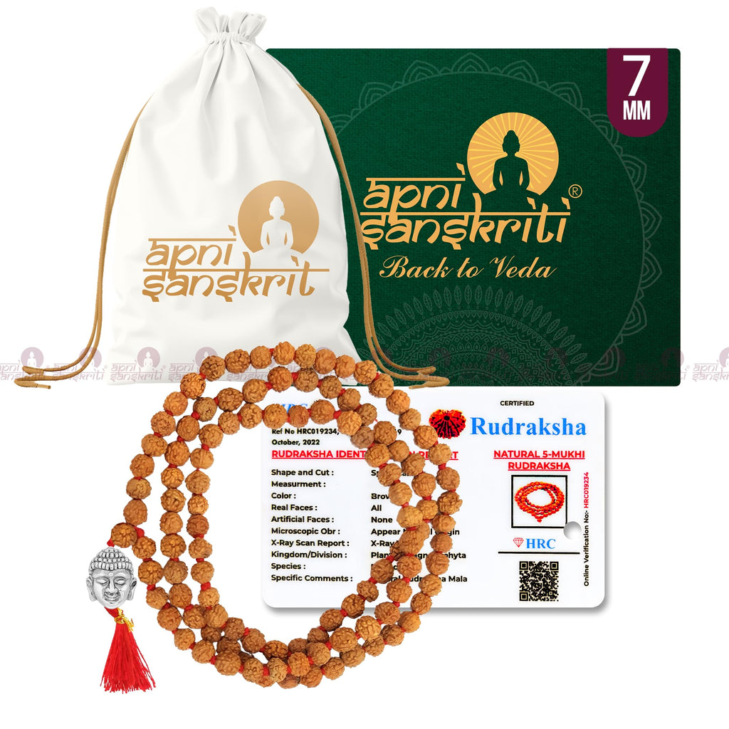 Apnisanskriti 5 Mukhi Rudraksha Mala with Buddha Face for Jaap and Men/Women Wearing (Lab Certified, 7mm, Medium Bead Size, Chest Length, 108+1 Beads) - Natural Brown Rudraksh Beads - Pack of 1
