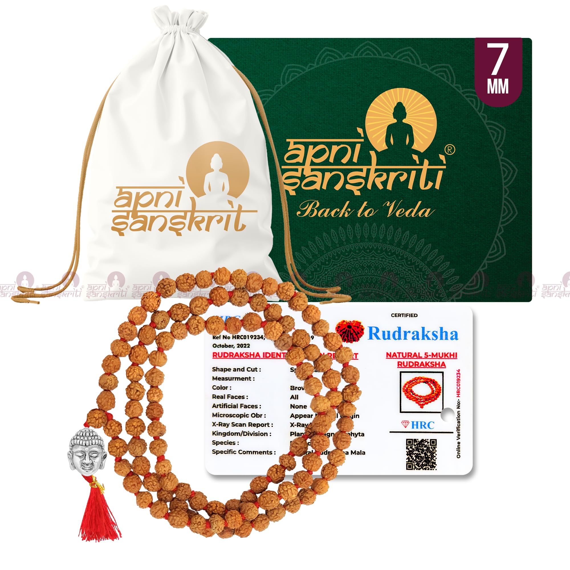 Apnisanskriti 5 Mukhi Rudraksha Mala with Buddha Face for Jaap and Men/Women Wearing (Lab Certified, 7mm, Medium Bead Size, Chest Length, 108+1 Beads) - Natural Brown Rudraksh Beads - Pack of 1