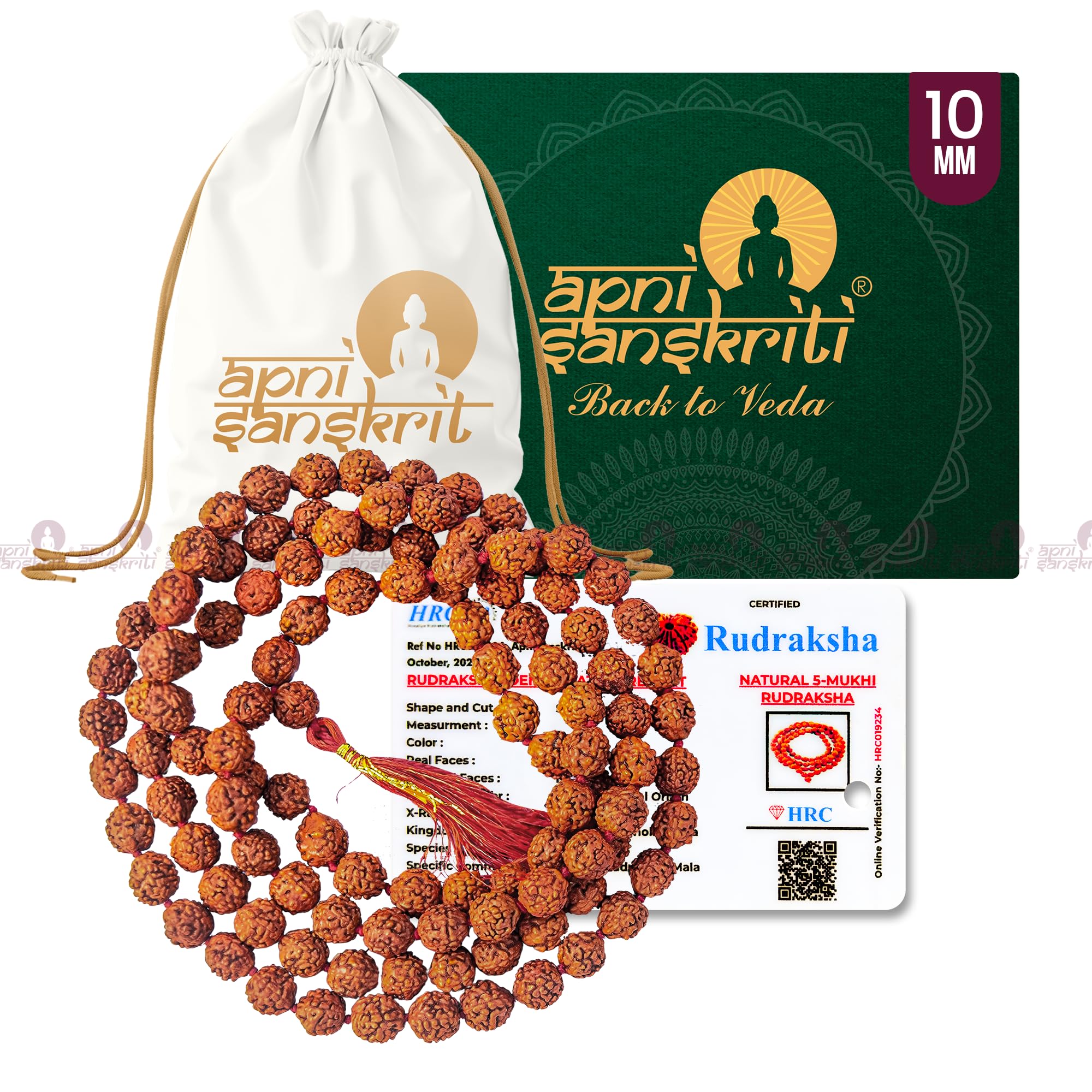 Apnisanskriti 5 Mukhi Rudraksha Mala for Jaap and Men/Women Wearing (10mm, Big Bead Size, 108+1, Lab Certified) - Natural Rudraksh Beads - Pack of 1