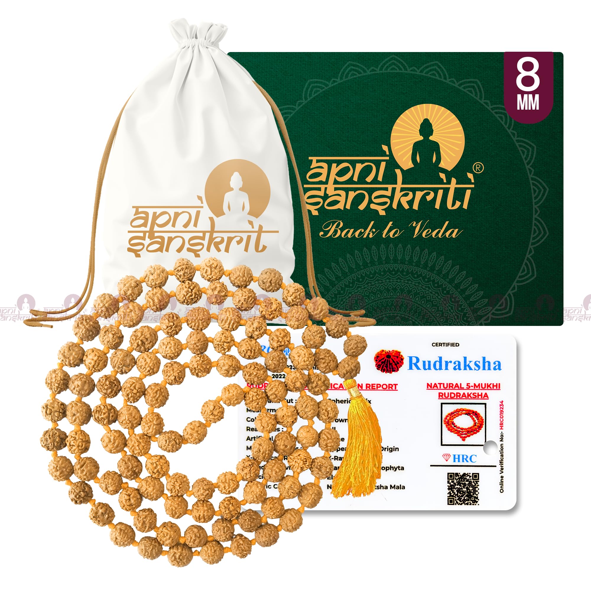 Apnisanskriti 5 Mukhi Chikni Pathri Rudraksha Mala For Men/Women Wearing (8mm, Lab Certified, Medium Bead Size, 108+1) - A+ Grade - 100% Natural Brown Rudraksh Beads - Pack Of 1
