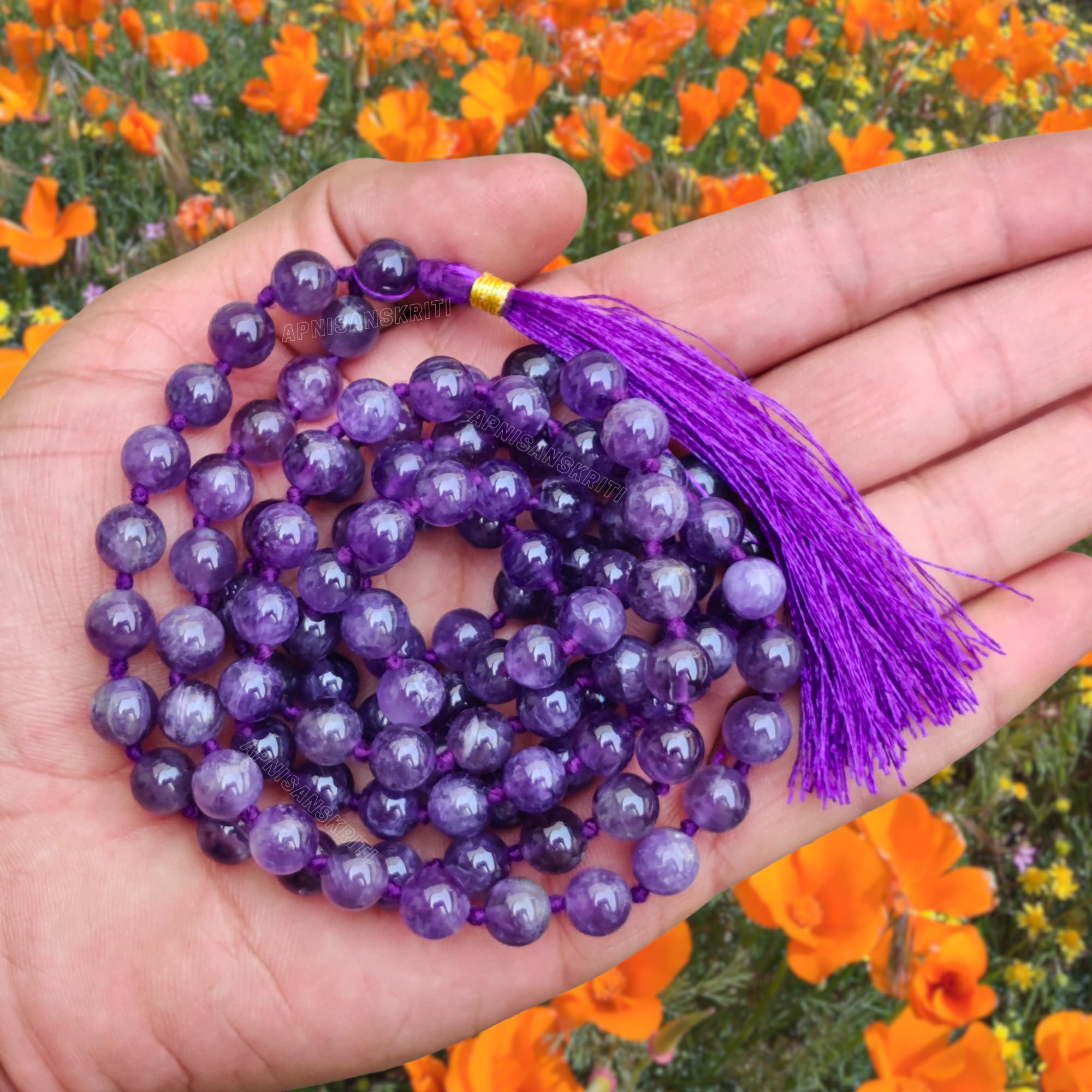 Apnisanskriti Premium 8mm Amethyst Mala - Tranquil Beads for Spiritual Balance and Healing (Pack of 1)
