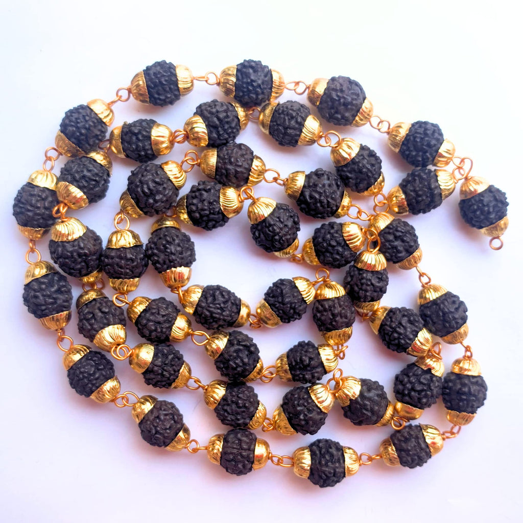 Apnisanskriti Black Rudraksha Mala with Golden Cap for Men/Women Wearing (Lab Certified, Original Black Rudraksh) - Pack of 1