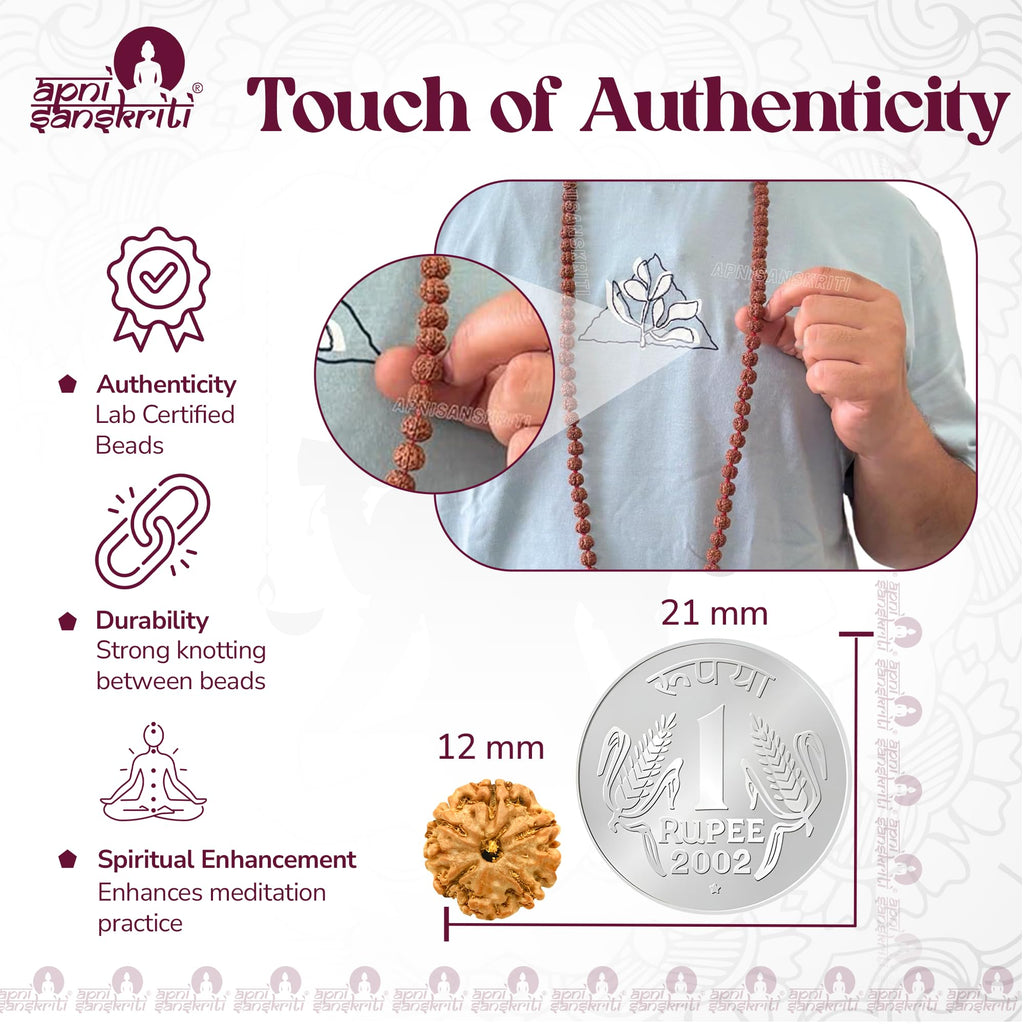Apnisanskriti 5 Mukhi Chikni Pathri Rudraksha Mala For Jaap and Men/Women Wearing (12Mm, Lab Certified, Big Bead Size, 108+1) - A+ Grade - Pack Of 1