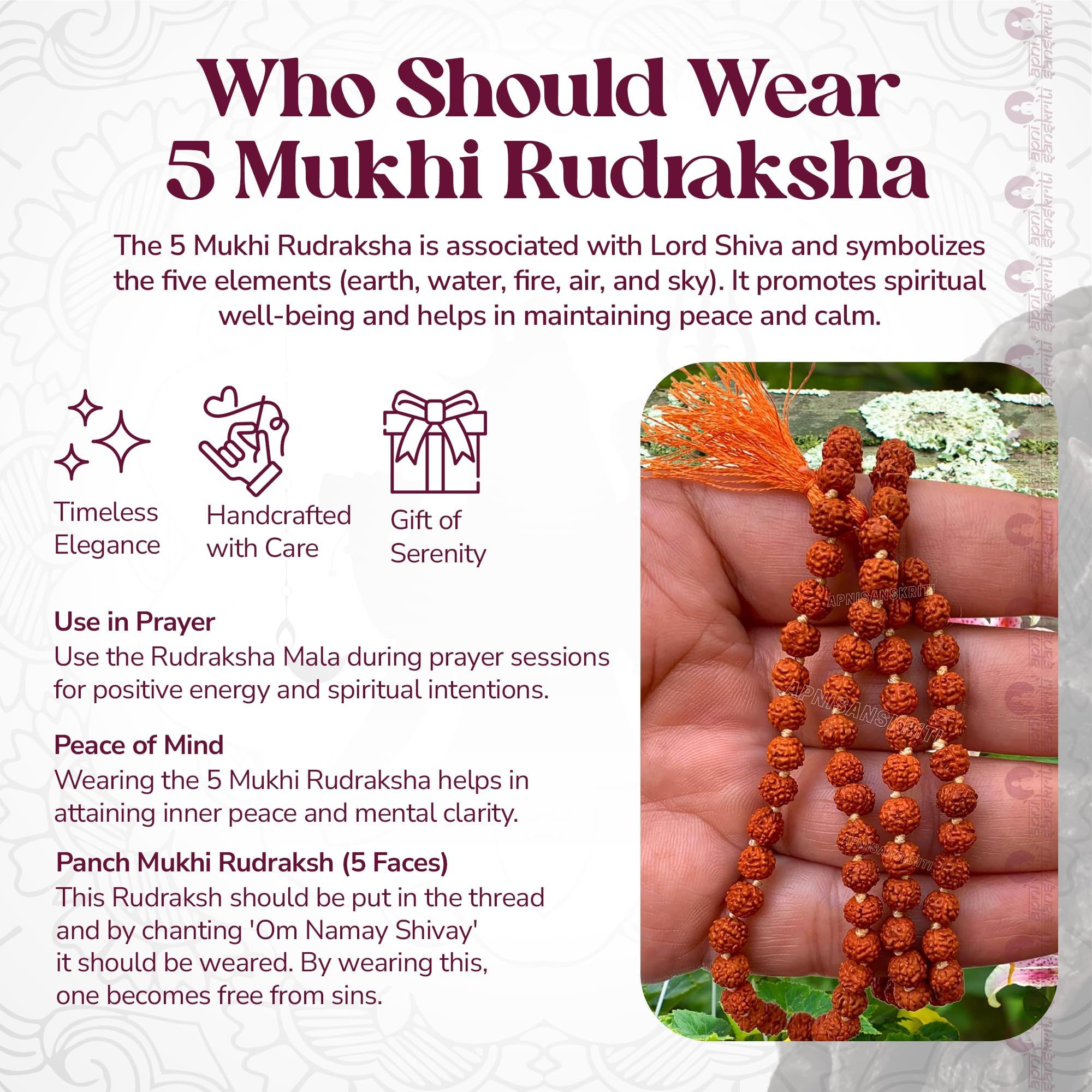 Apnisanskriti 5 Mukhi Rudraksha Mala for Jaap and Men/Women Wearing (10mm, Big Bead Size, 108+1, Lab Certified) - Natural Brown Rudraksh Beads - Pack of 1
