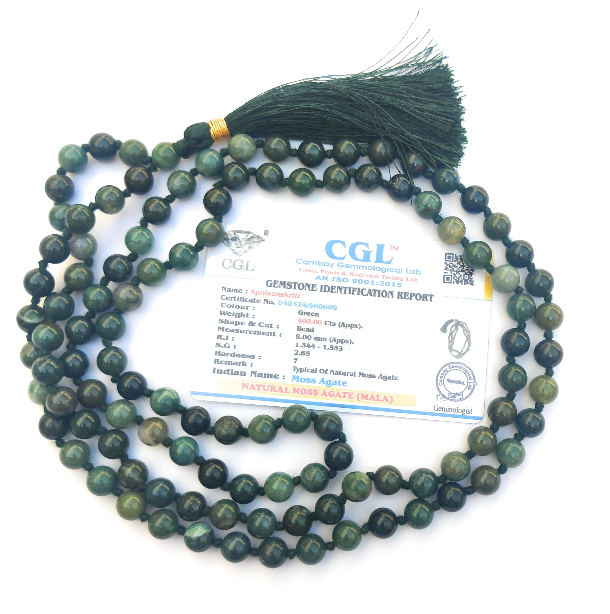 Apnisanskriti 8mm Moss Agate Mala - Growth and Renewal in Spiritual Connection (Pack of 1)