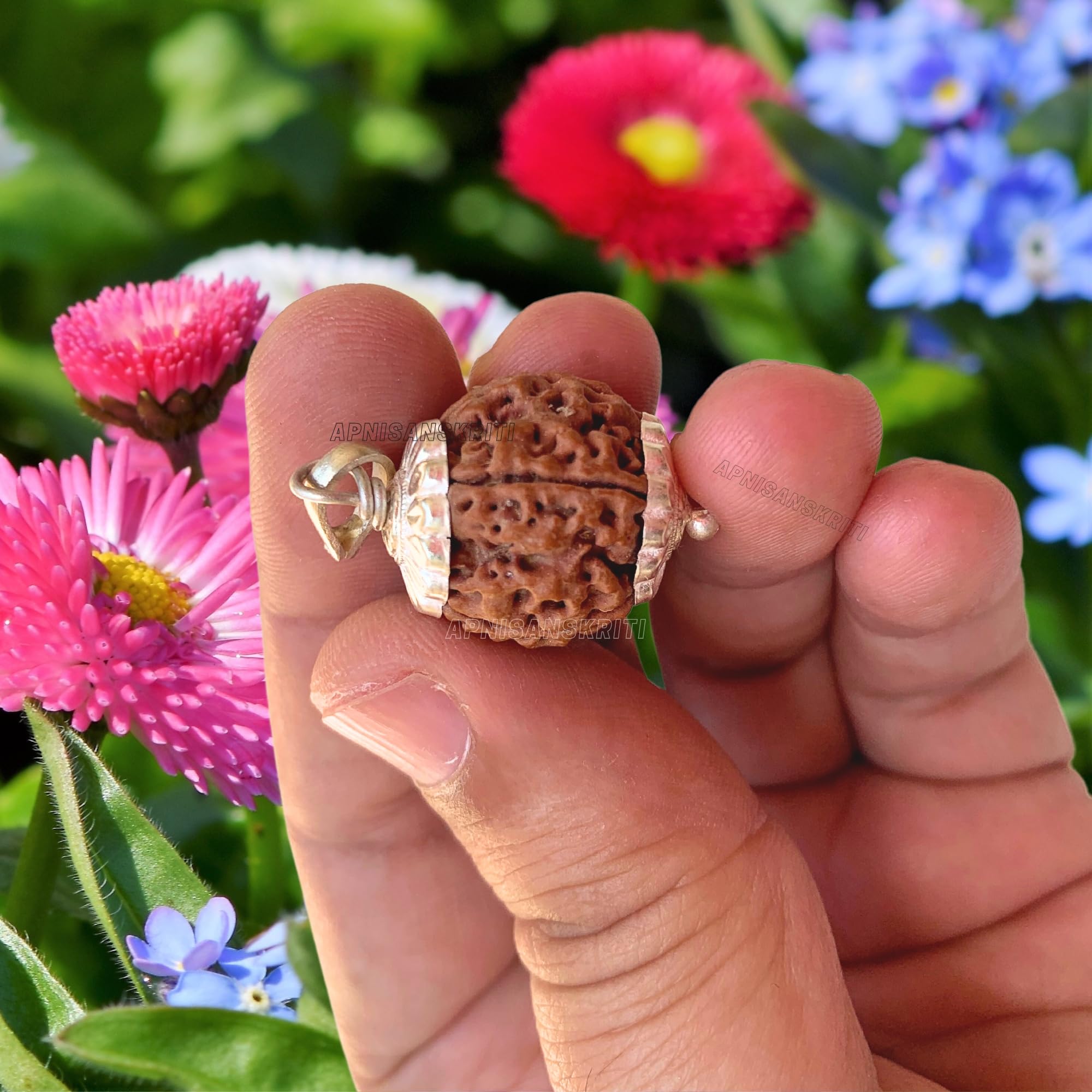 Apnisanskriti Certified Nepali 5 Mukhi Beads with Silver Cap - Natural Beads for Men and Women