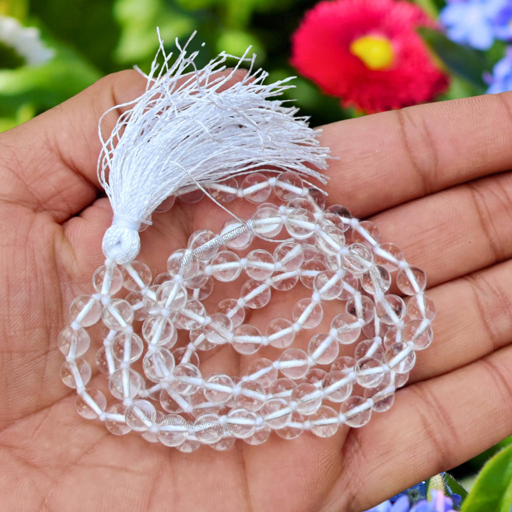 Apnisanskriti 6mm Sphatik Mala with Tussle (108+1 Beads) | Natural & Lab Certified | Spadigam Malai | Crystal Jaap Mala for Pooja and Wearing (24 inch)