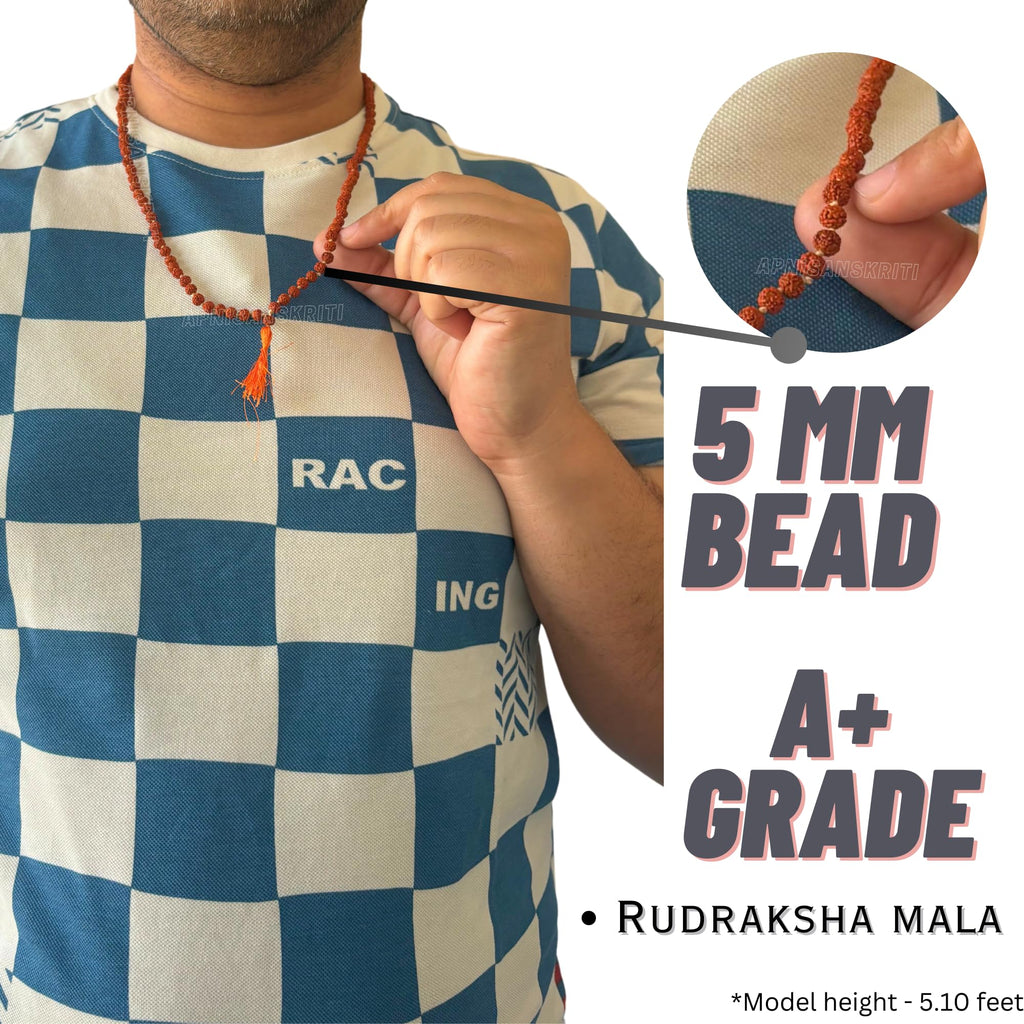 Apnisanskriti 5 Mukhi Rudraksha Mala for Men/Women Wearing (5mm, Rare Small Bead Size, Neck Length, 108+1 Beads, Lab Certified) - 100% Natural Brown Rudraksha Beads - Pack of 1