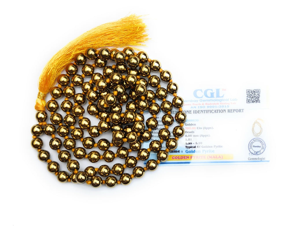 Apnisanskriti 8mm Golden Pyrite Mala - Energizing Beads for Prosperity and Spiritual Clarity (Pack of 1)