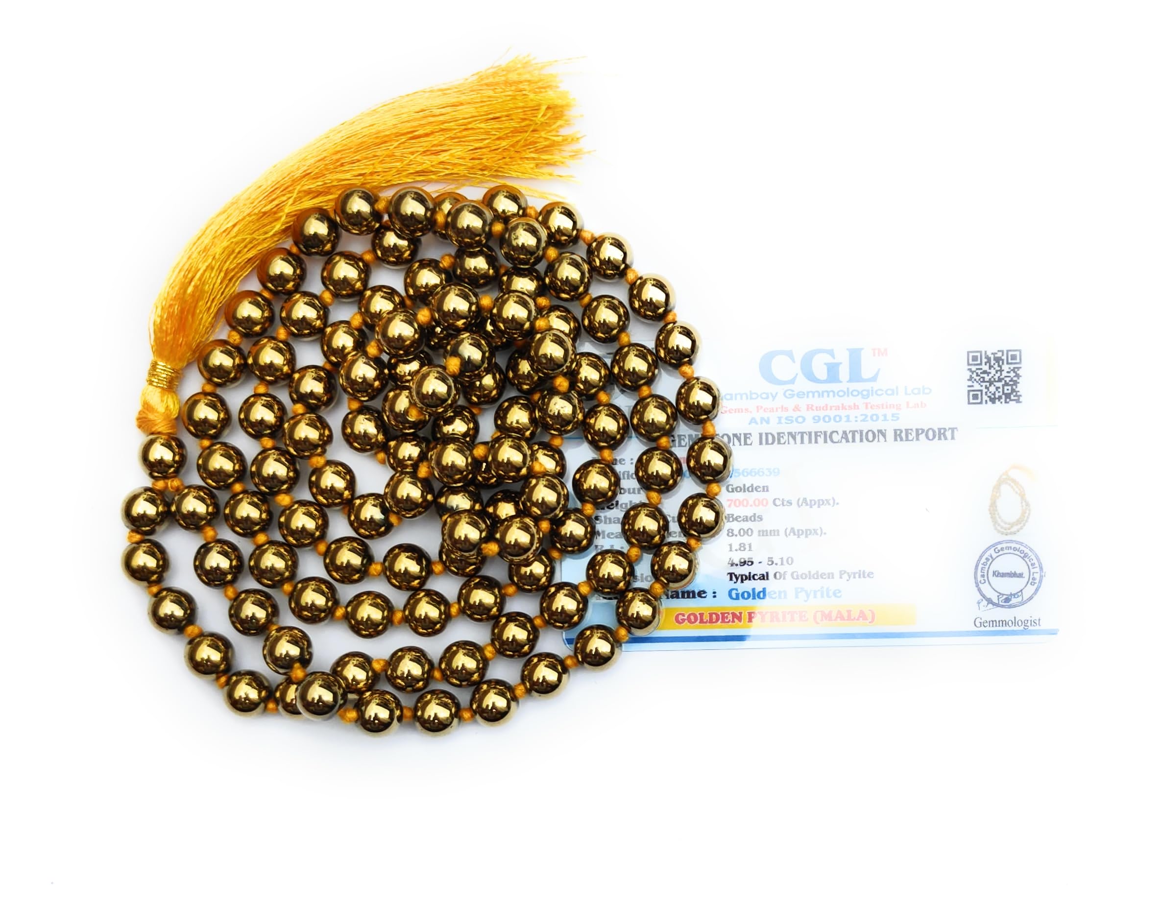 Apnisanskriti 8mm Golden Pyrite Mala - Energizing Beads for Prosperity and Spiritual Clarity (Pack of 1)