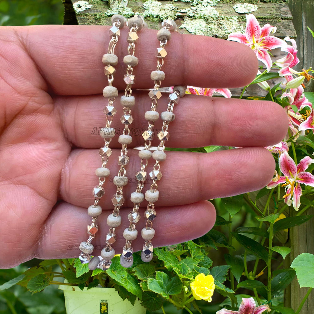 Apnisanskriti Black & White Tulsi Mala in Silver Designer Caps - Special Edition Big Size - Natural White Tulsi Beads - Pure Silver