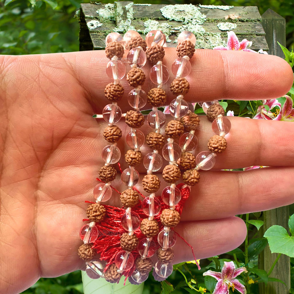 Apnisanskriti Certified Black Rudraksha and Spatic Beads Mala - Natural Beads for Men and Women