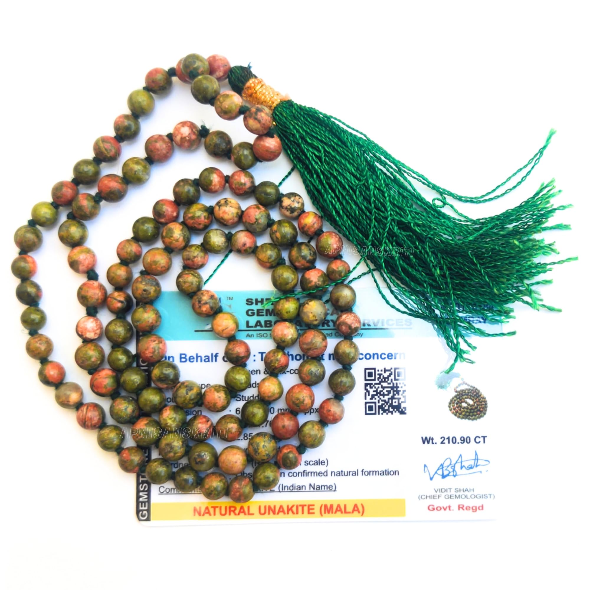 Apnisanskriti Premium Stone Mala for Men and Women (6mm, AAA Quality, Lab Certified, 108+1) - Natural Stone Beads Mala - Pack of 1