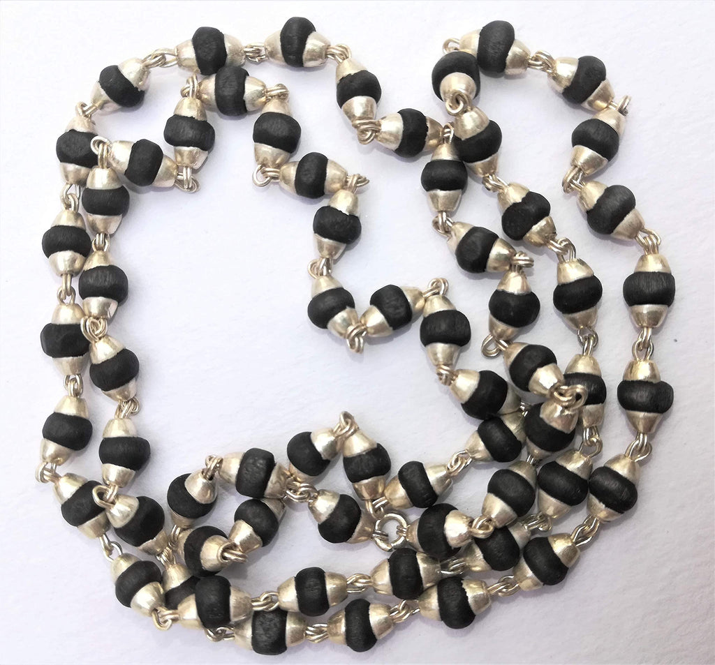 Apnisanskriti Black & White Tulsi Mala in Silver Designer Caps - Special Edition Big Size - Natural White Tulsi Beads - Pure Silver