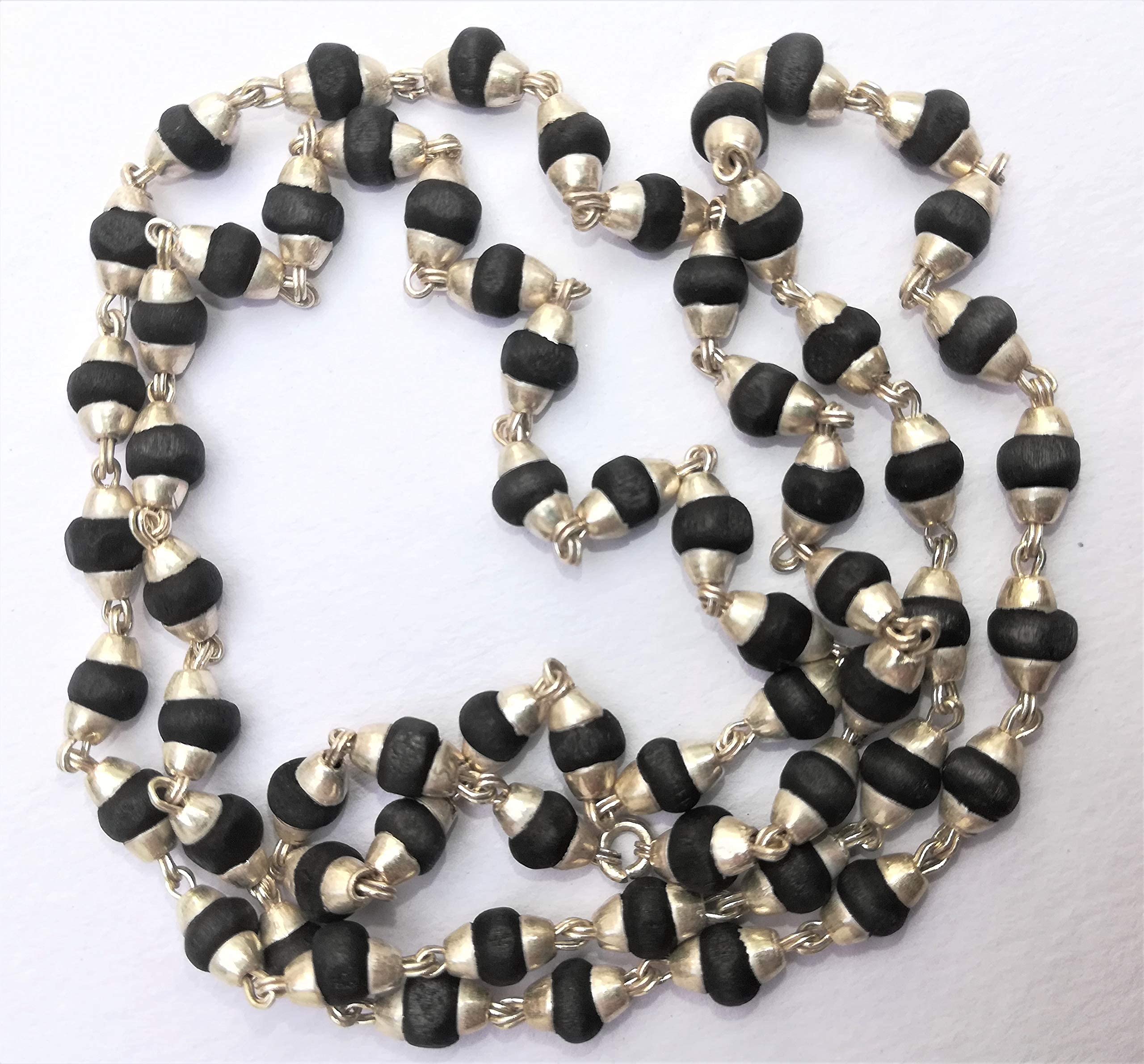 Apnisanskriti Black & White Tulsi Mala in Silver Designer Caps - Special Edition Big Size - Natural White Tulsi Beads - Pure Silver