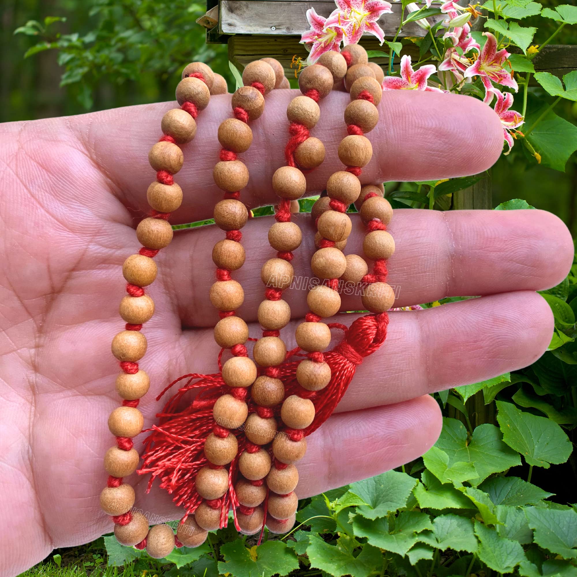 Apnisanskriti Chandan Mala (Sandalwood Rosary) for men and women wearing (4mm, small bead size, 108+1 Beads, Lab Certified) - Natural Light Brown Chandan Beads - Pack of 1