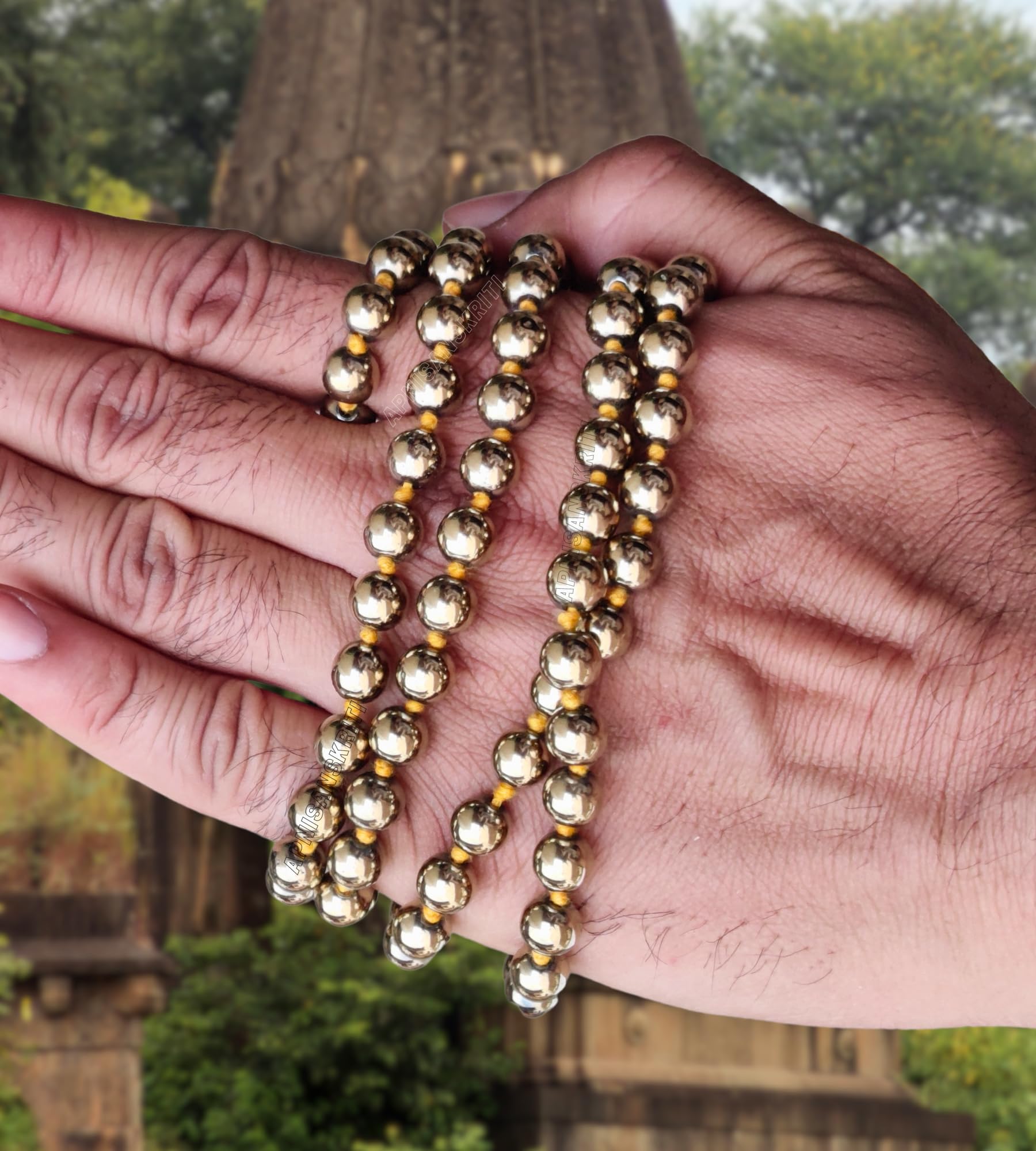 Apnisanskriti 8mm Golden Pyrite Mala - Energizing Beads for Prosperity and Spiritual Clarity (Pack of 1)