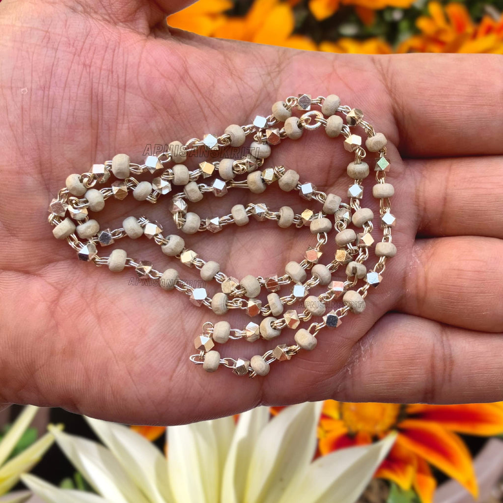 Apnisanskriti Black & White Tulsi Mala in Silver Designer Caps - Special Edition Big Size - Natural White Tulsi Beads - Pure Silver