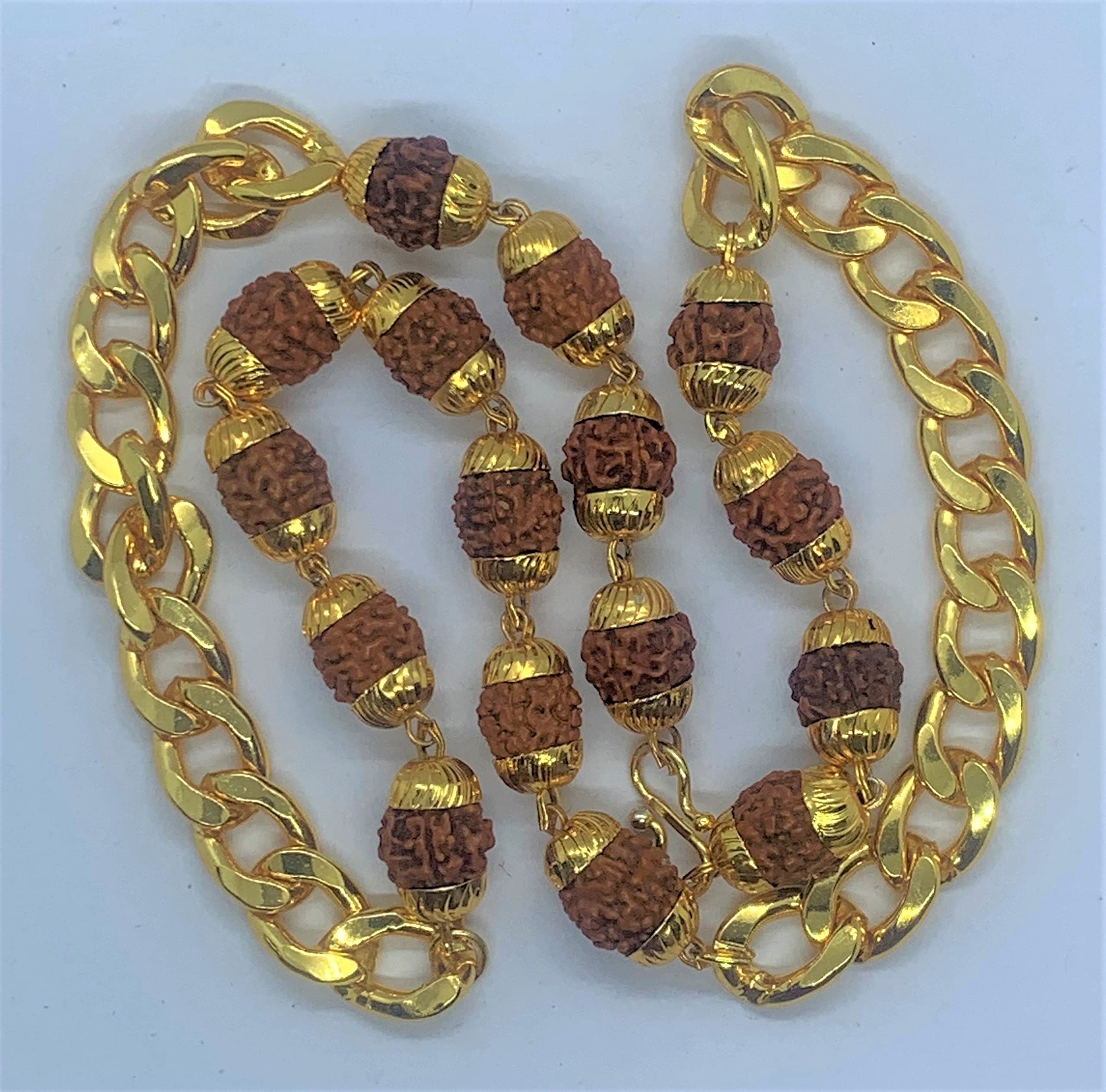 Apnisanskriti Designer Rudraksha Mala with Golden Chain (10 mm, 20 Beads, 24 Inch, Long Length) - Natural Rudraksh Beads - Pack of 1