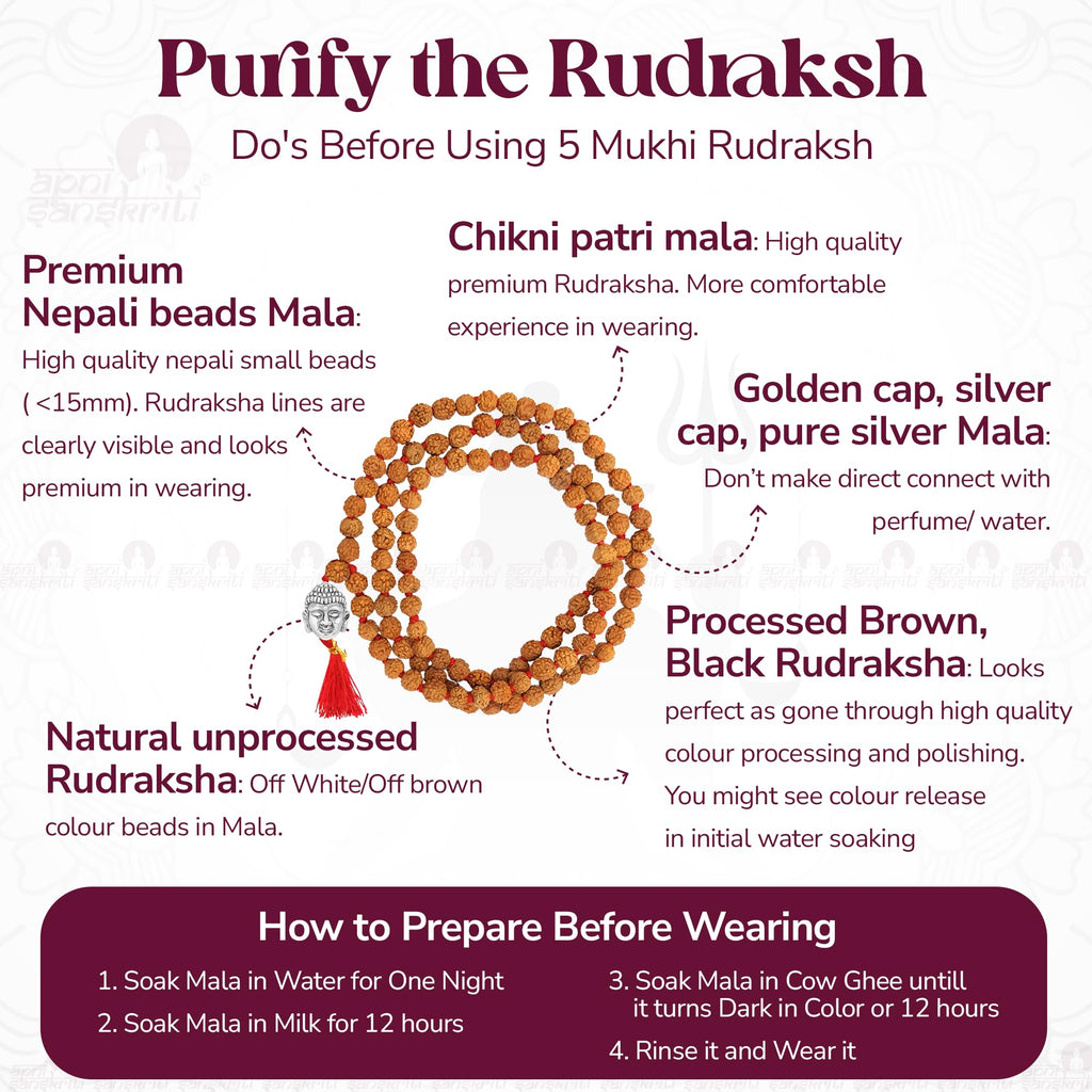 Apnisanskriti 5 Mukhi Rudraksha Mala with Buddha Face for Jaap and Men/Women Wearing (Lab Certified, 7mm, Medium Bead Size, Chest Length, 108+1 Beads) - Natural Brown Rudraksh Beads - Pack of 1