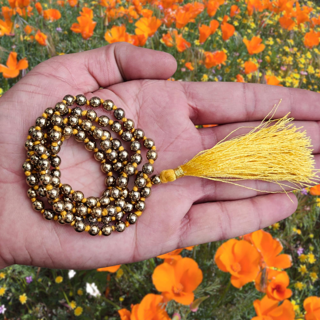 Apnisanskriti 6mm Golden Pyrite Mala - Energizing Beads for Prosperity and Spiritual Clarity (Pack of 1)