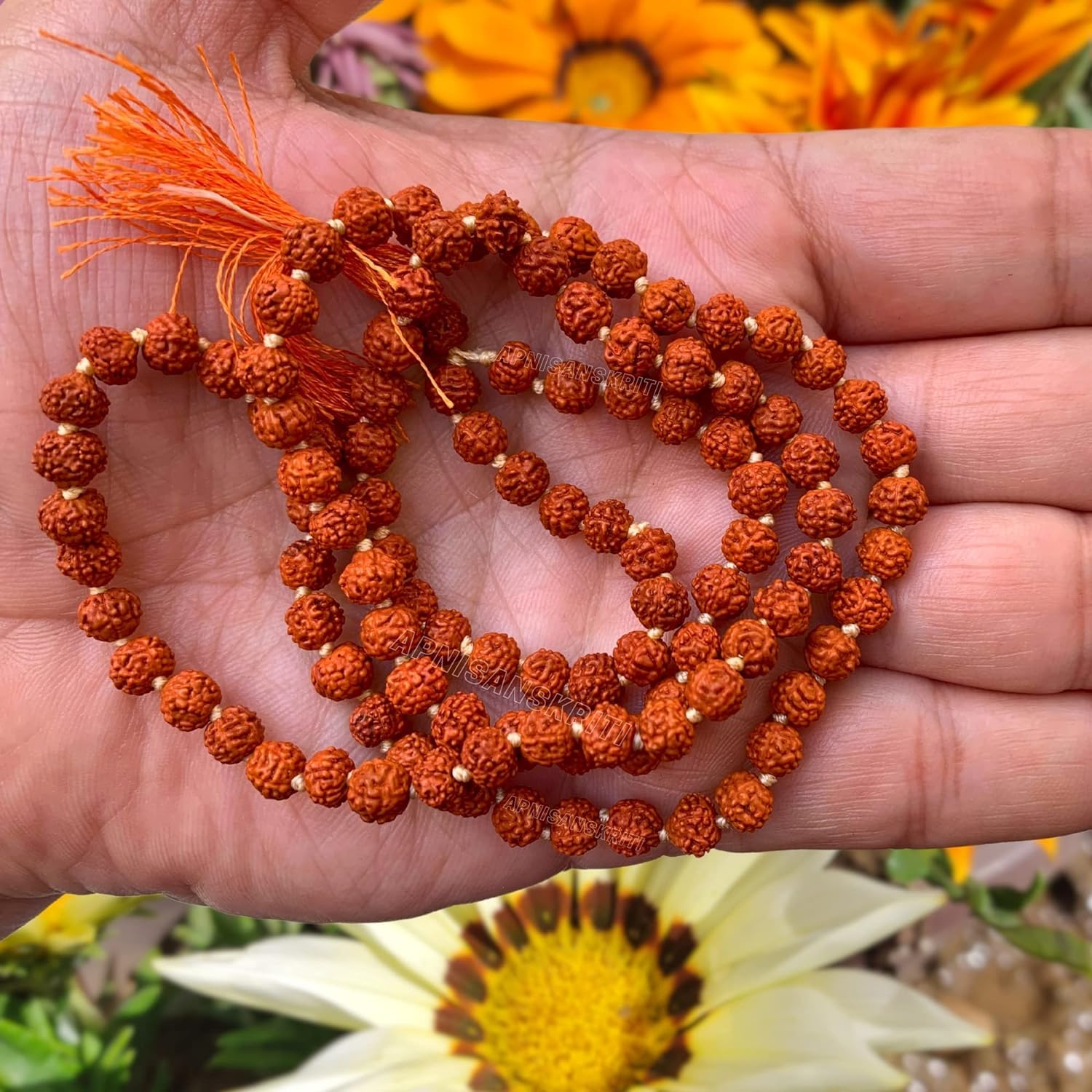 Apnisanskriti 5 Mukhi Rudraksha Mala for Men/Women Wearing (108+1, Lab Certified, Natural Brown Rudraksha Beads)