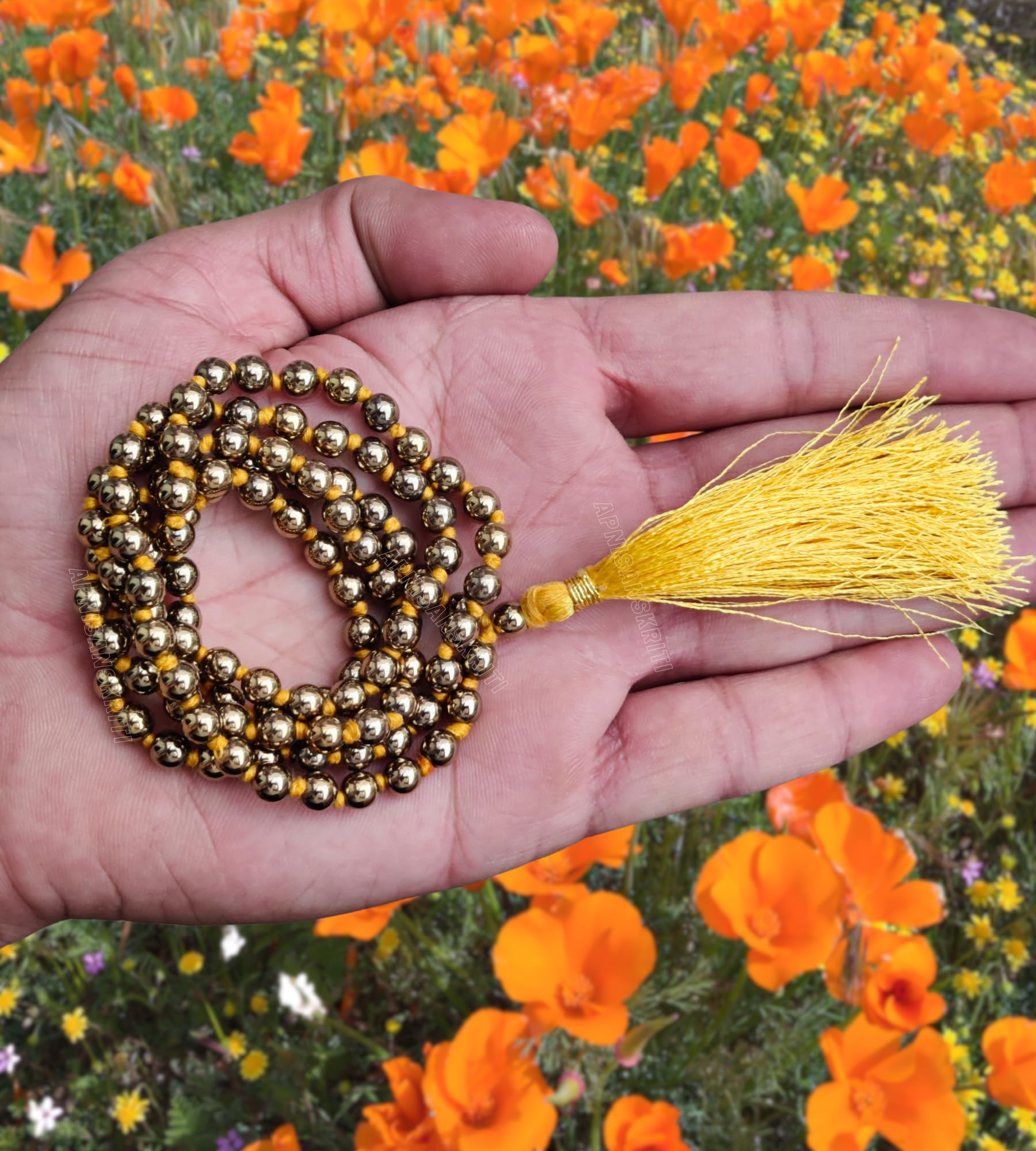 Apnisanskriti 8mm Golden Pyrite Mala - Energizing Beads for Prosperity and Spiritual Clarity (Pack of 1)