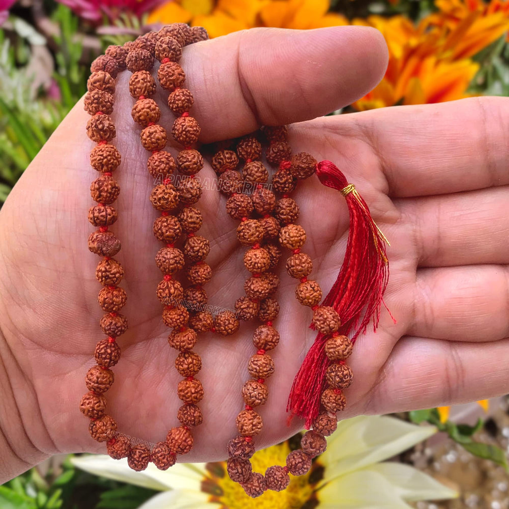 Apnisanskriti 5 Mukhi Rudraksha Mala for Men/Women Wearing (108+1, Lab Certified, Natural Brown Rudraksha Beads)