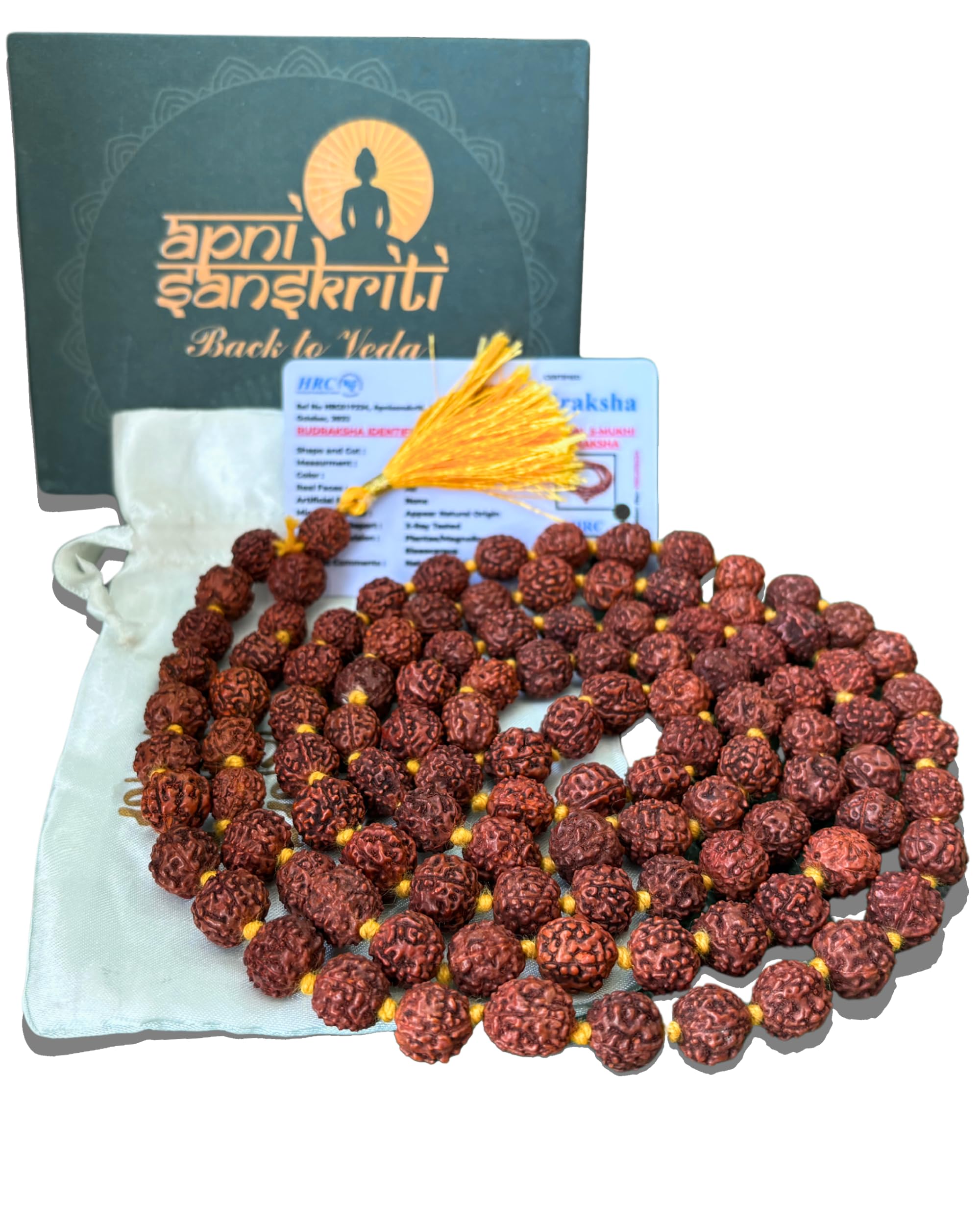 Apnisanskriti 5 Mukhi Rudraksha Mala for Men/Women Wearing (108+1, Lab Certified, Natural Brown Rudraksha Beads)