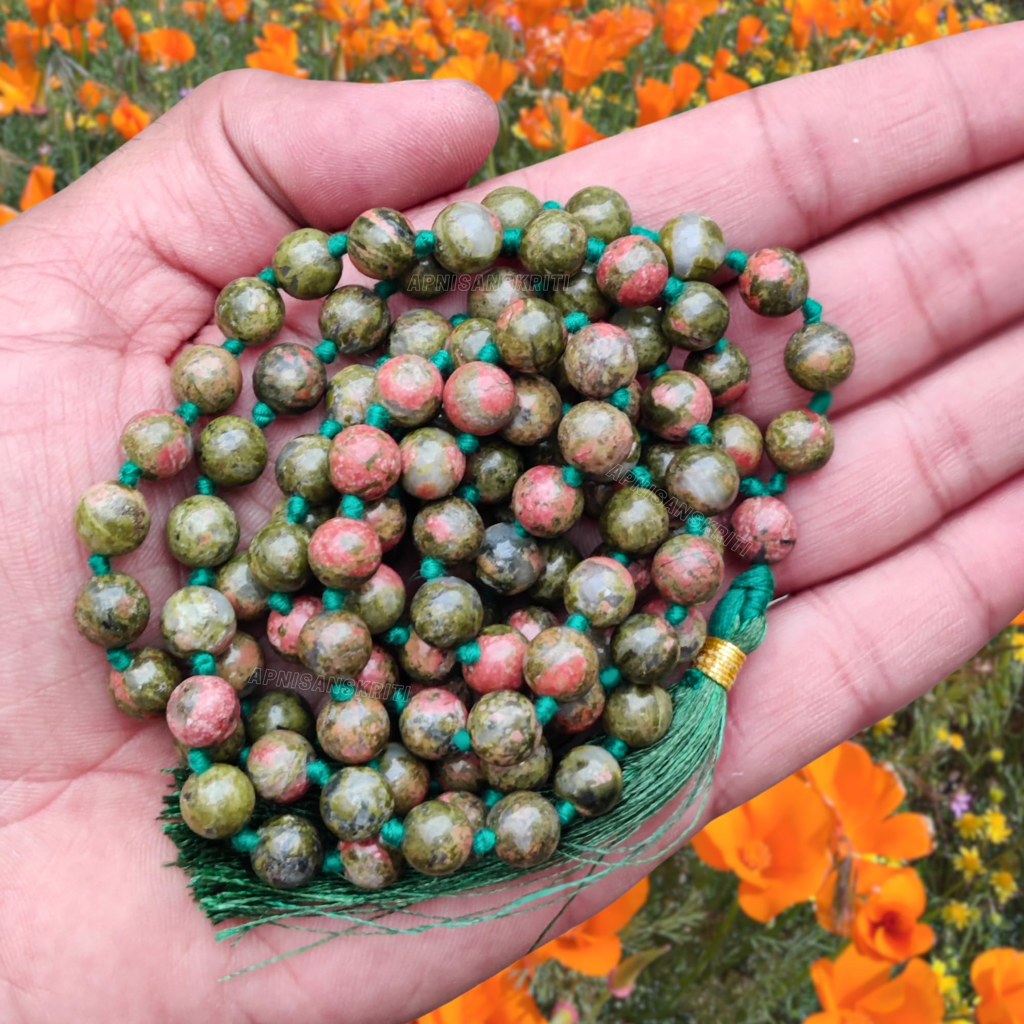 Apnisanskriti 8mm Unakite Mala - Balance and Harmony in Spiritual Practice (Pack of 1)