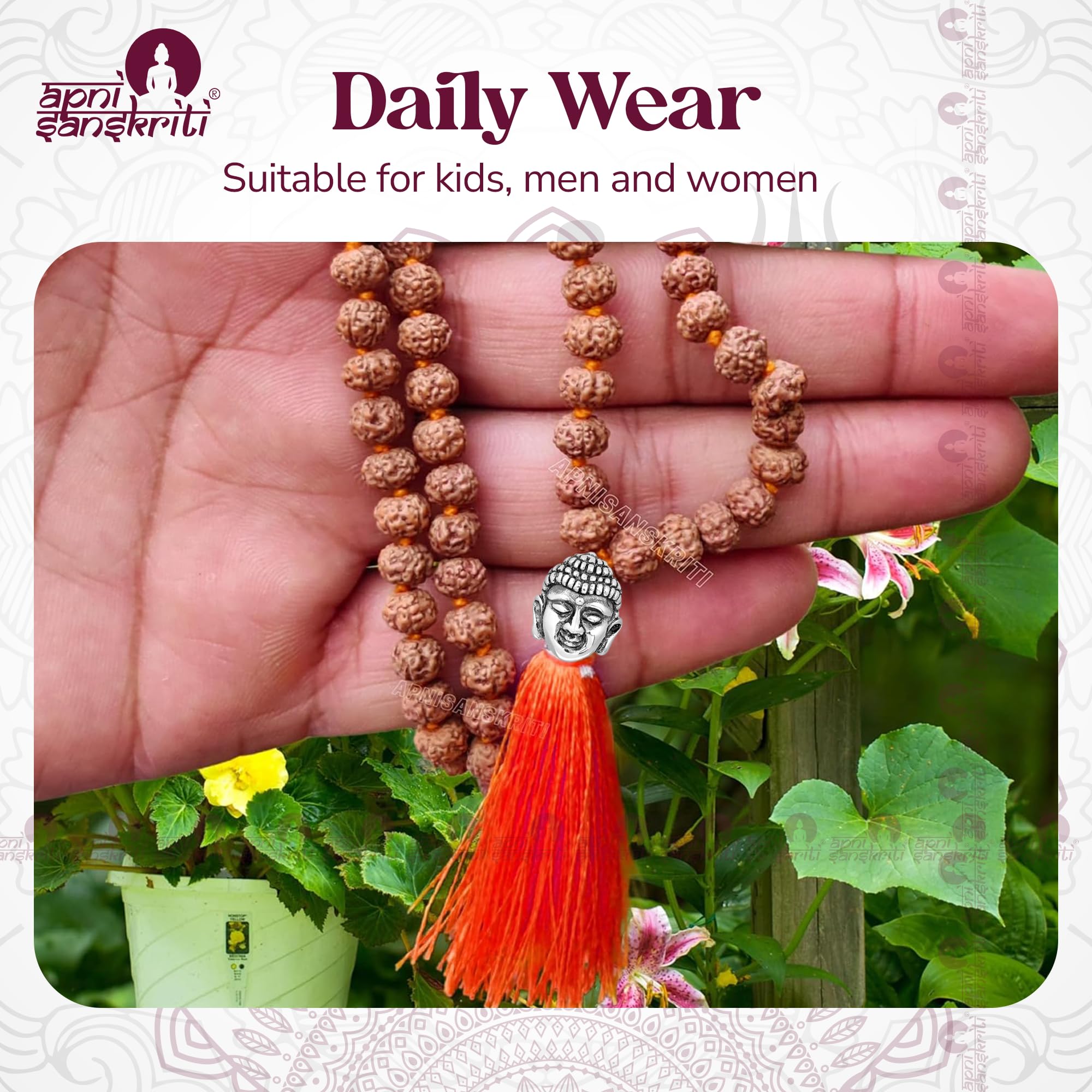 Apnisanskriti 5 Mukhi Rudraksha Mala with Buddha Face for Jaap and Men/Women Wearing (Lab Certified, 7mm, Medium Bead Size, Chest Length, 108+1 Beads) - Natural Brown Rudraksh Beads - Pack of 1